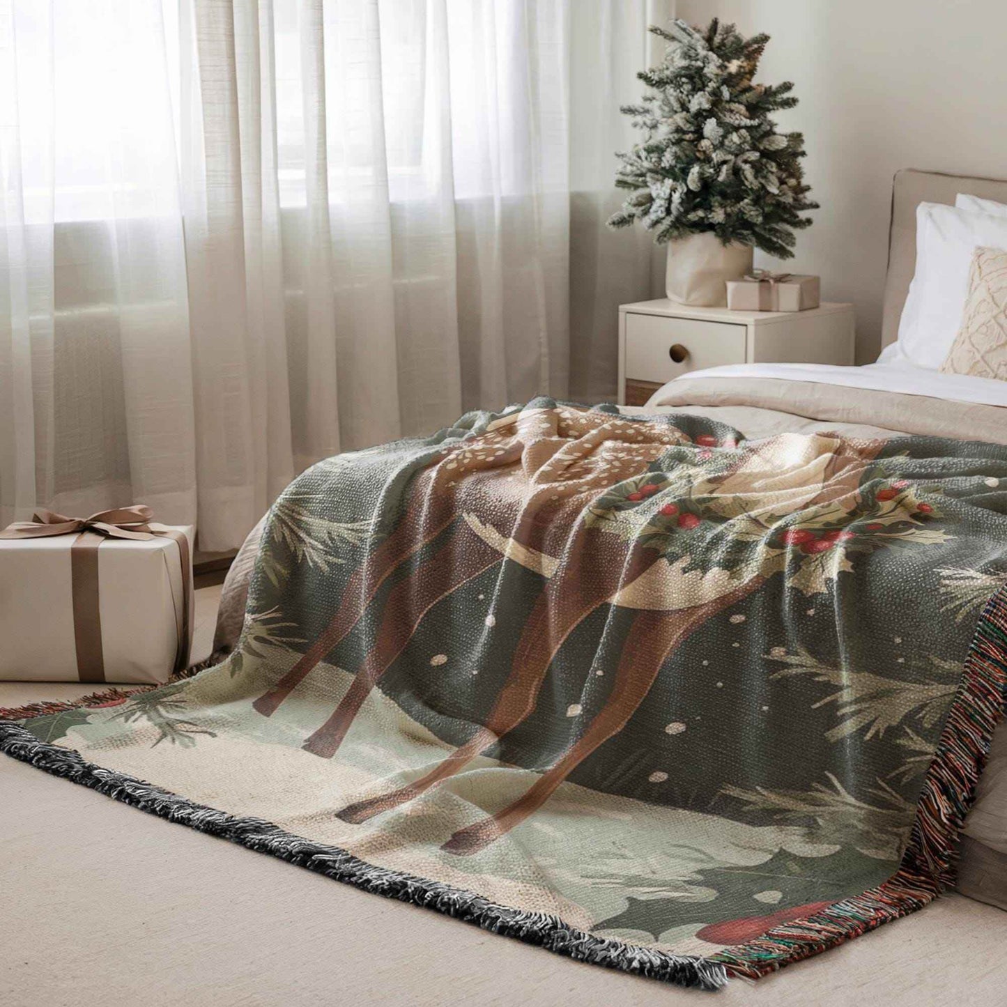 Christmas Woven Blanket – Cozy Winter Decor | Large Cotton Throw with Woodland Creature Design - timelessbohochic.com