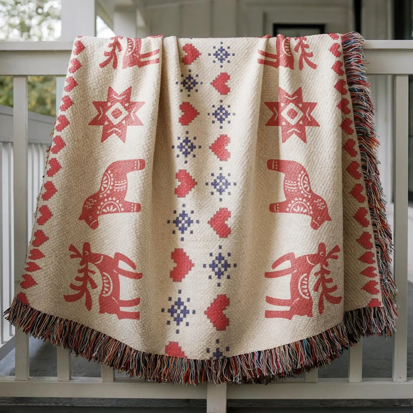 Scandi Woven Blanket – Nordic Cotton Throw With Dala Horse & Reindeer Decor