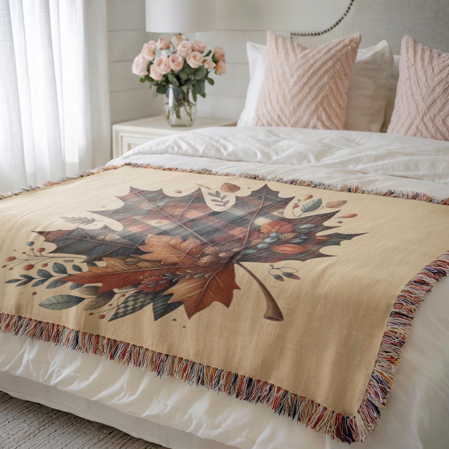 Plaid Fall Blanket – Cozy Cotton Throw with Tartan Leaf Pattern & Fringed Edges
