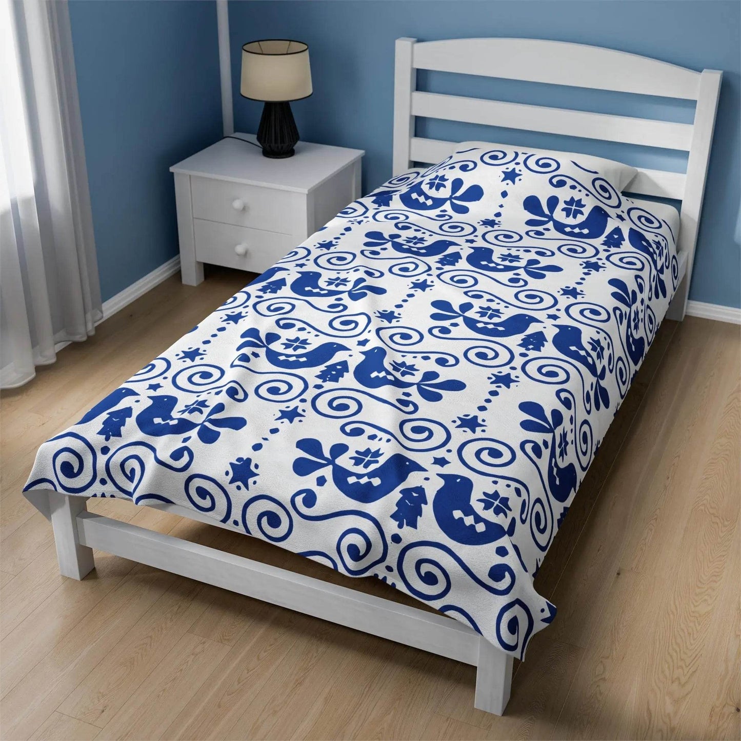 Velveteen Plush Blanket – Scandinavian Blue Bird Throw | Cozy Nordic Decor Gift - timelessbohochic.com