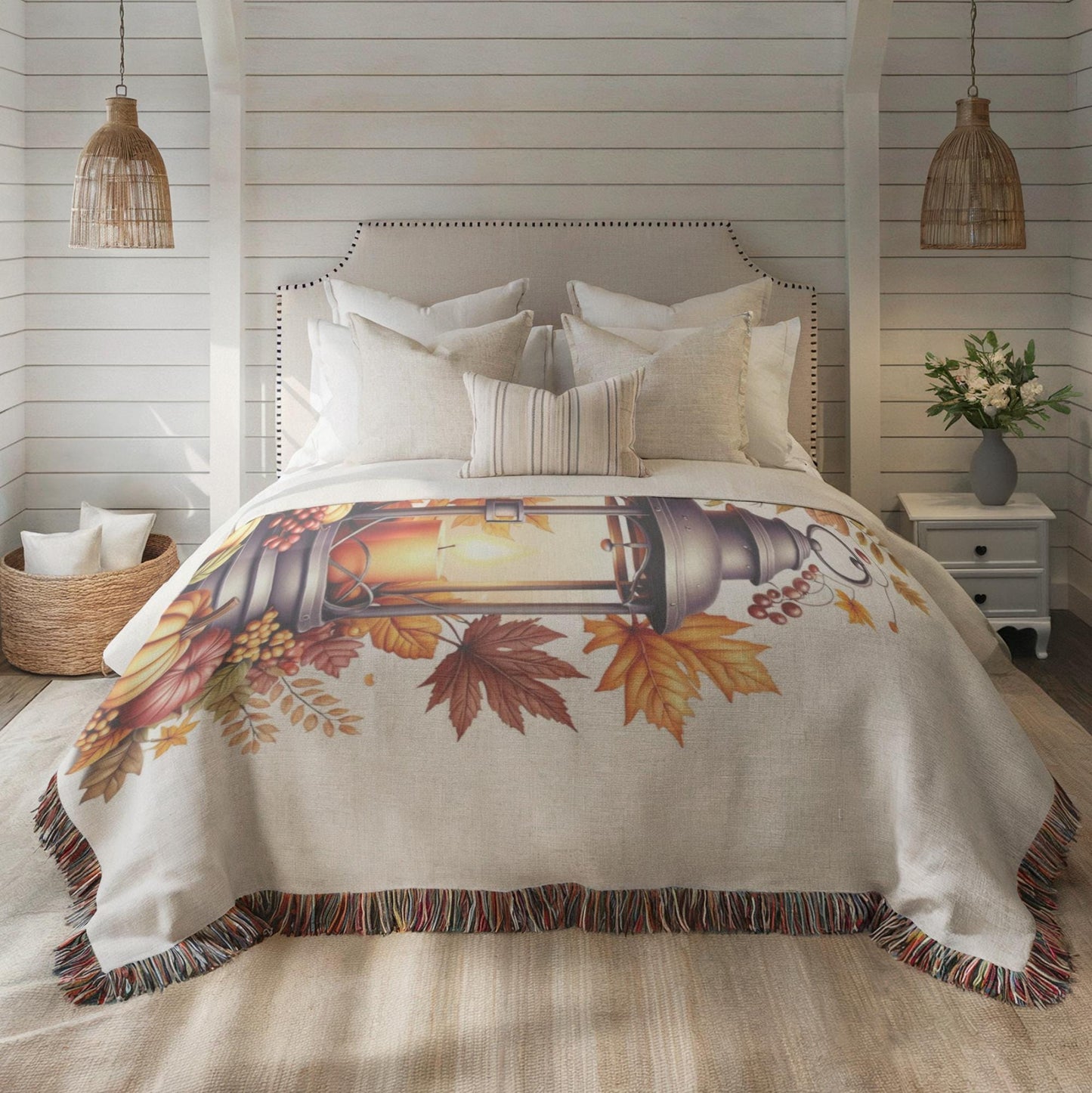 Fall Throw Blanket – Cozy Bedroom Throw with Pumpkin Decor & Lantern Autumn Design