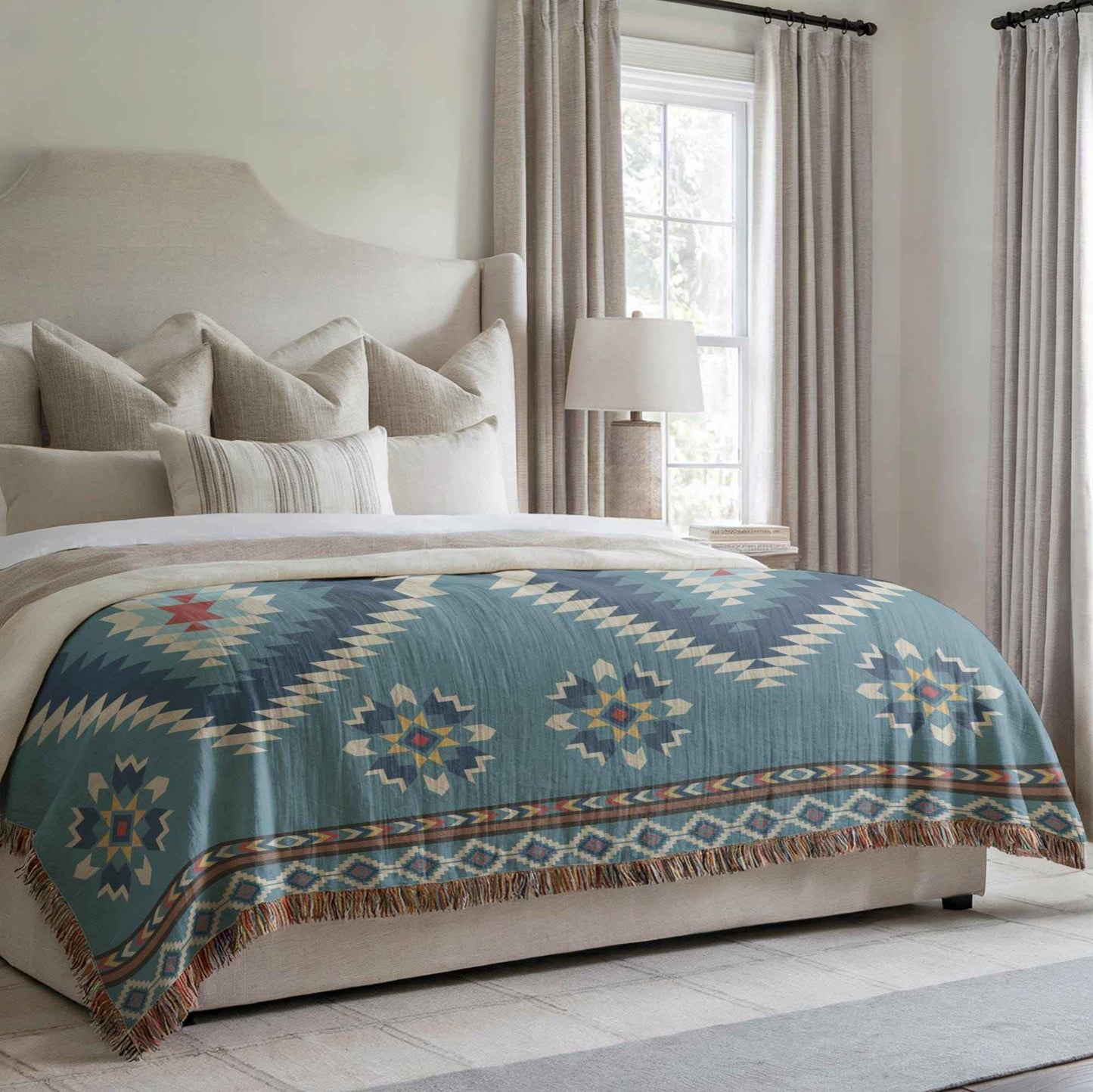 Boho Cotton Blanket - Navajo Pattern Throw With Colorful Fringed Edges - timelessbohochic.com