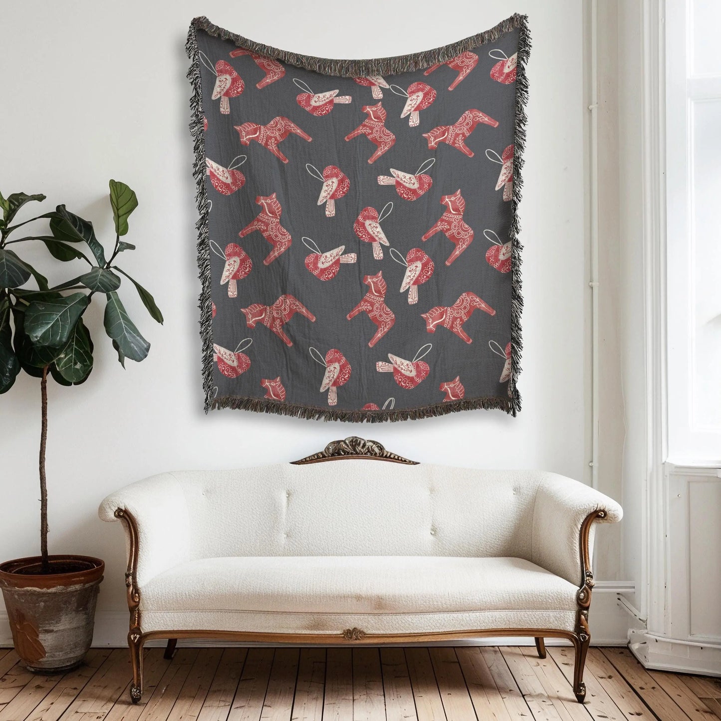 Scandi Cotton Blanket - Cozy Scandinavian Throw with Dala Horse & Bird Pattern, Fringe Edge