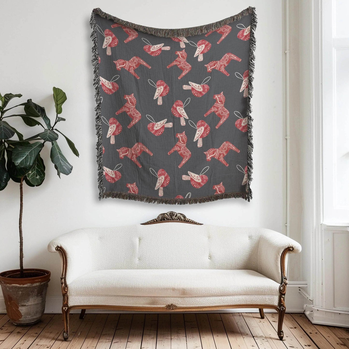 Scandi Cotton Blanket - Cozy Scandinavian Throw with Dala Horse & Bird Pattern, Fringe Edge - timelessbohochic.com