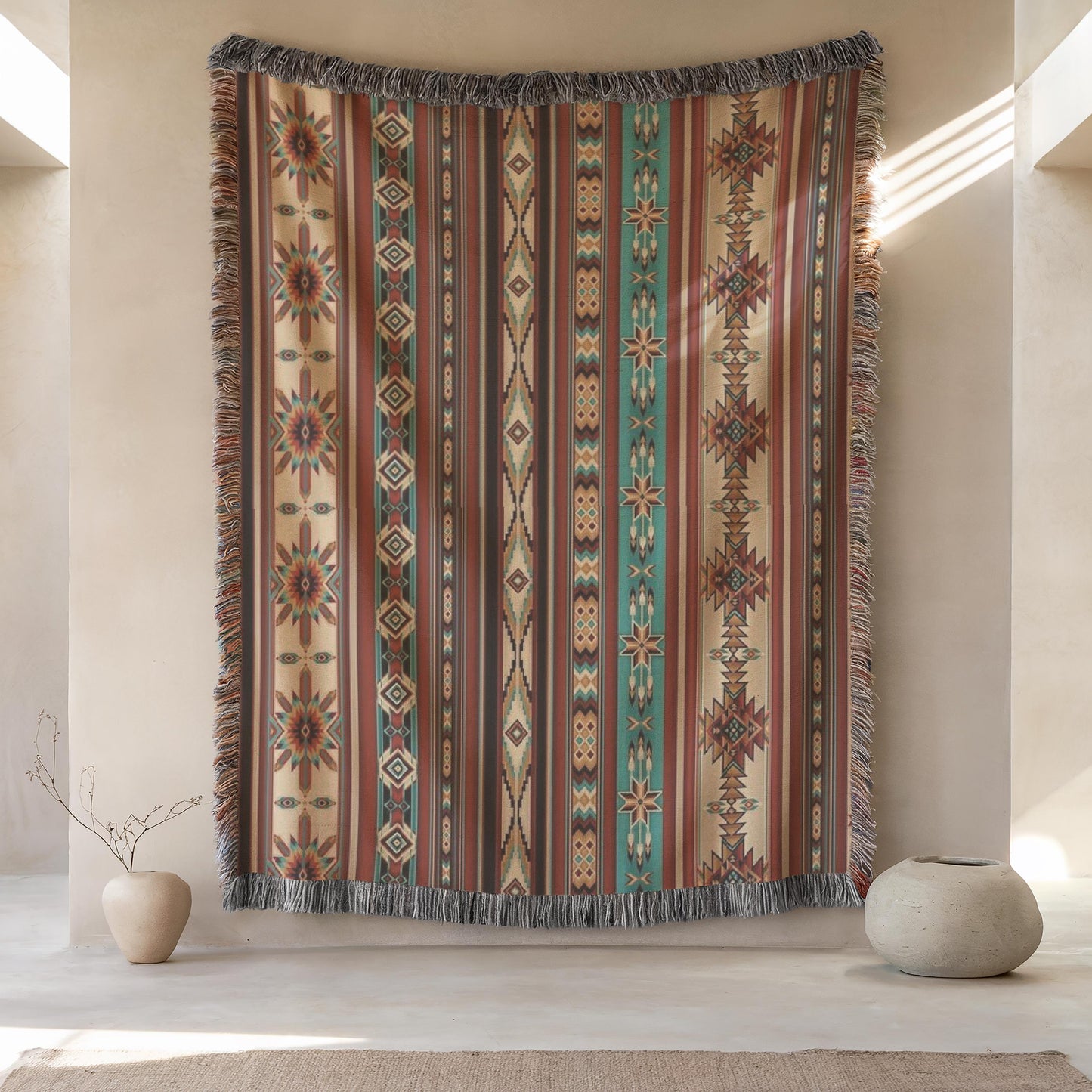 Navajo Pattern Tapestry - Southwestern Woven Wall Hanging with Colorful Fringes
