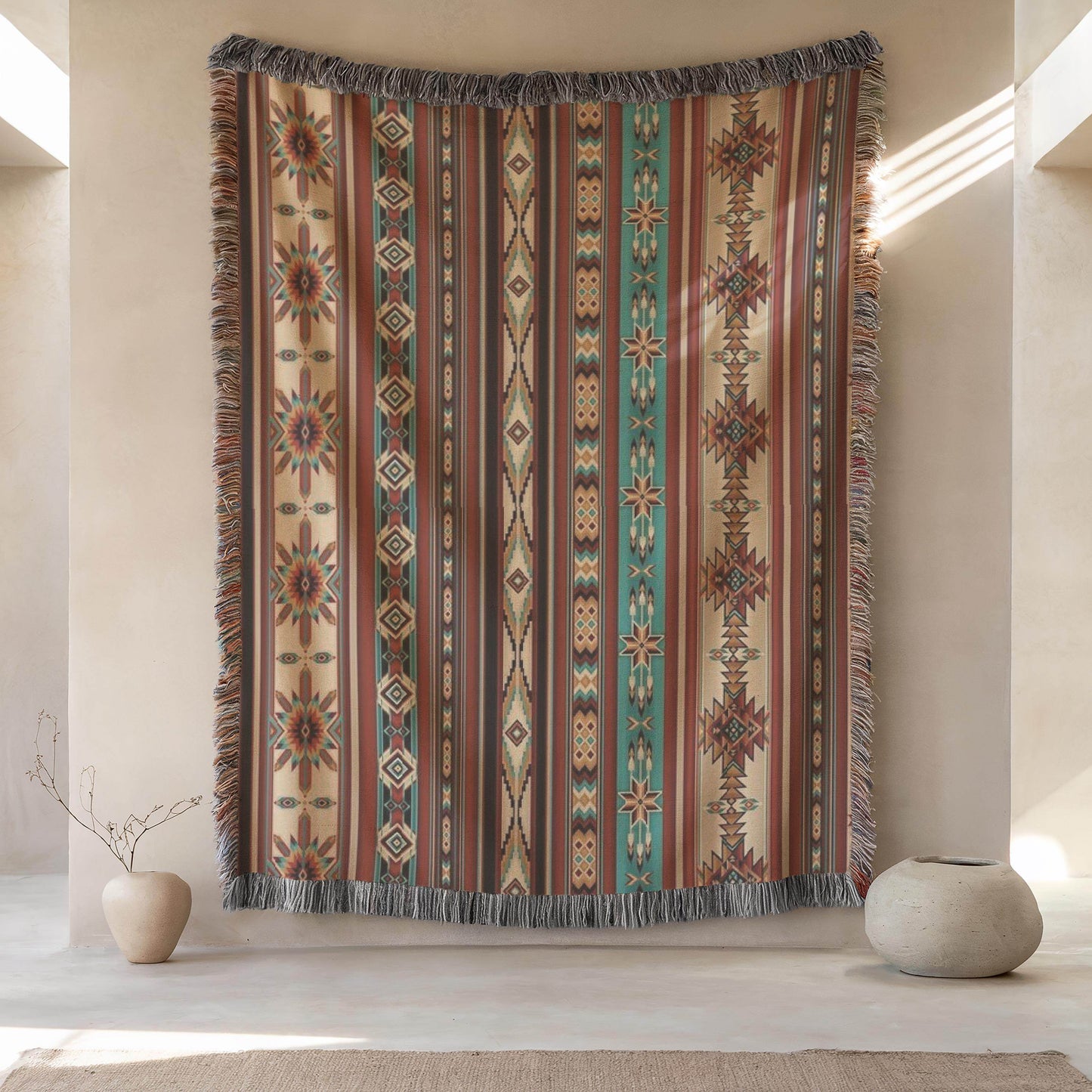 Navajo Pattern Tapestry - Southwestern Woven Wall Hanging with Colorful Fringes - timelessbohochic.com