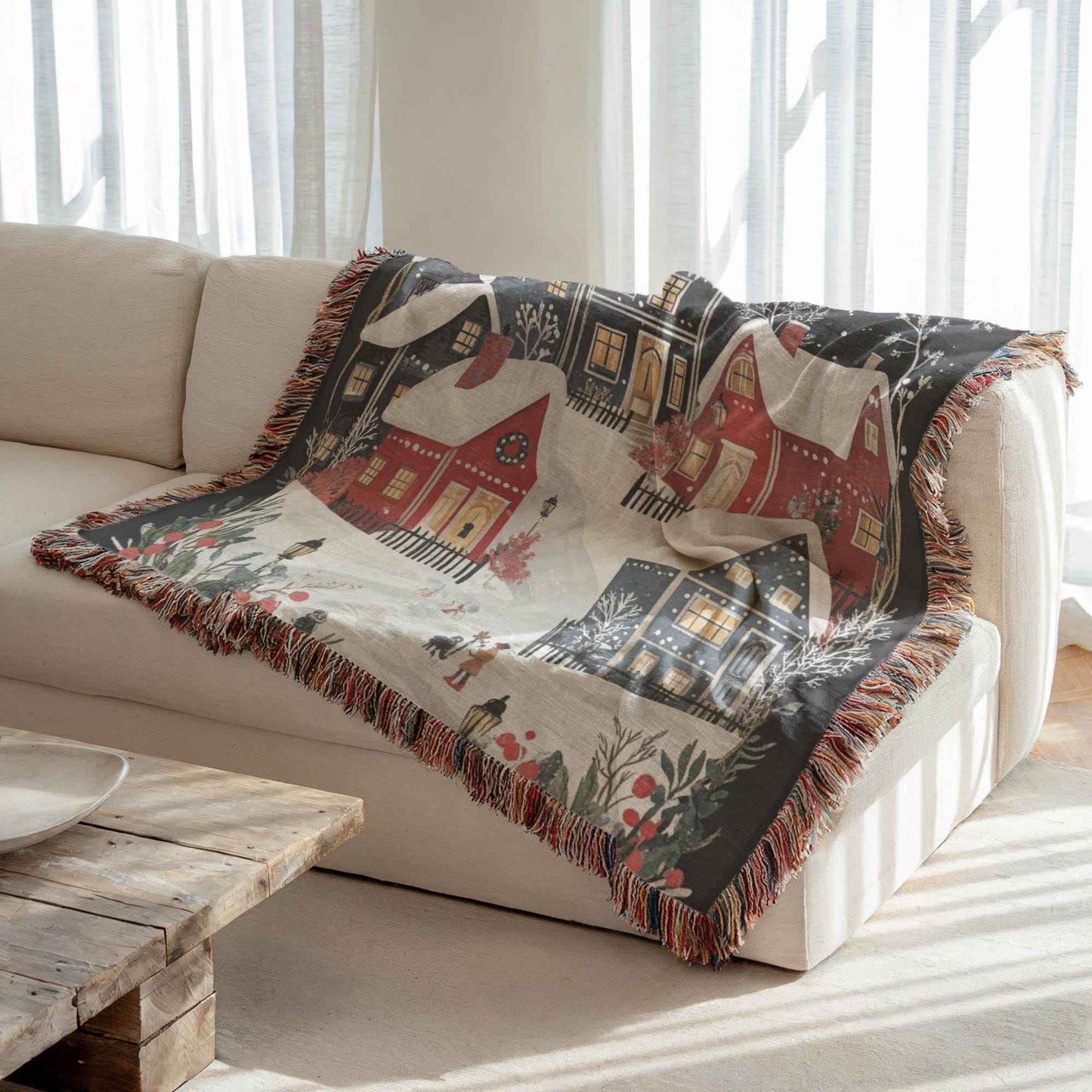 Holiday Bed Blanket - Woven Cotton Throw With Christmas Village Scene, Cozy Winter Folk Art - timelessbohochic.com