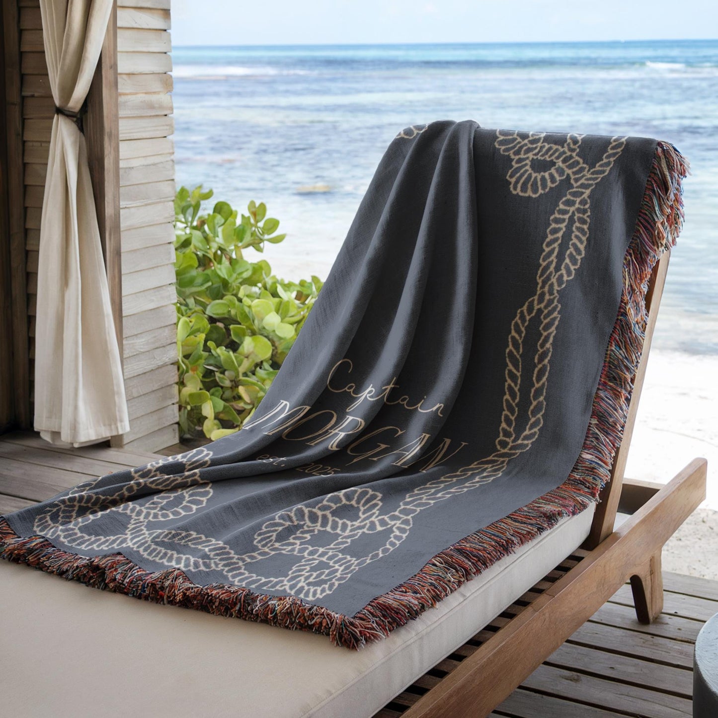 Marine Captain Blanket – Personalized Cotton Throw With Nautical Rope Knot Design