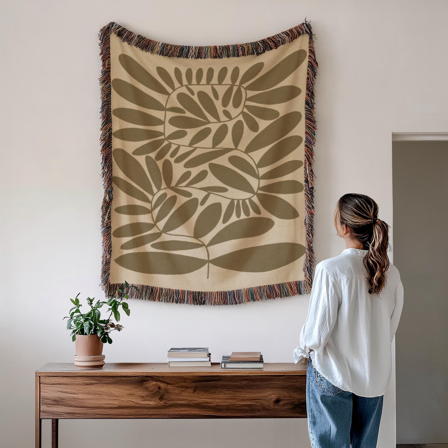 Mid Century Modern Tapestry – Scandi Woven Wall Hanging With Leaves Pattern