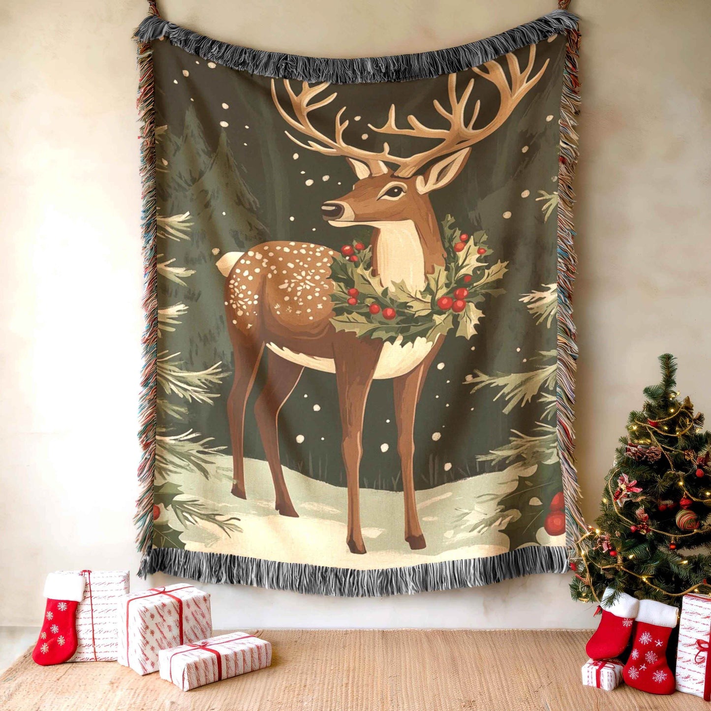 Christmas Woven Blanket – Cozy Winter Decor | Large Cotton Throw with Woodland Creature Design - timelessbohochic.com