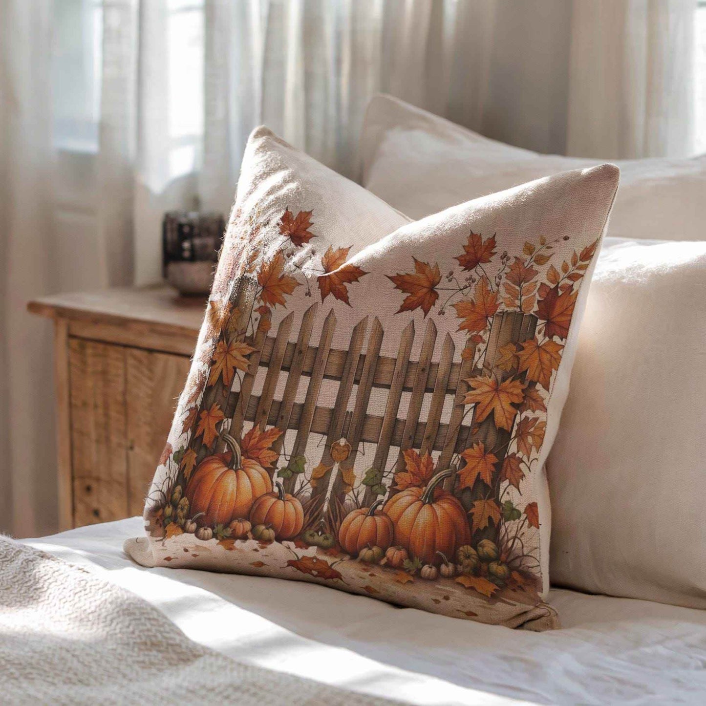 Rustic Autumn Pillow - Woven Cotton Pillow | Pumpkin Leaf Design Cushion - timelessbohochic.com