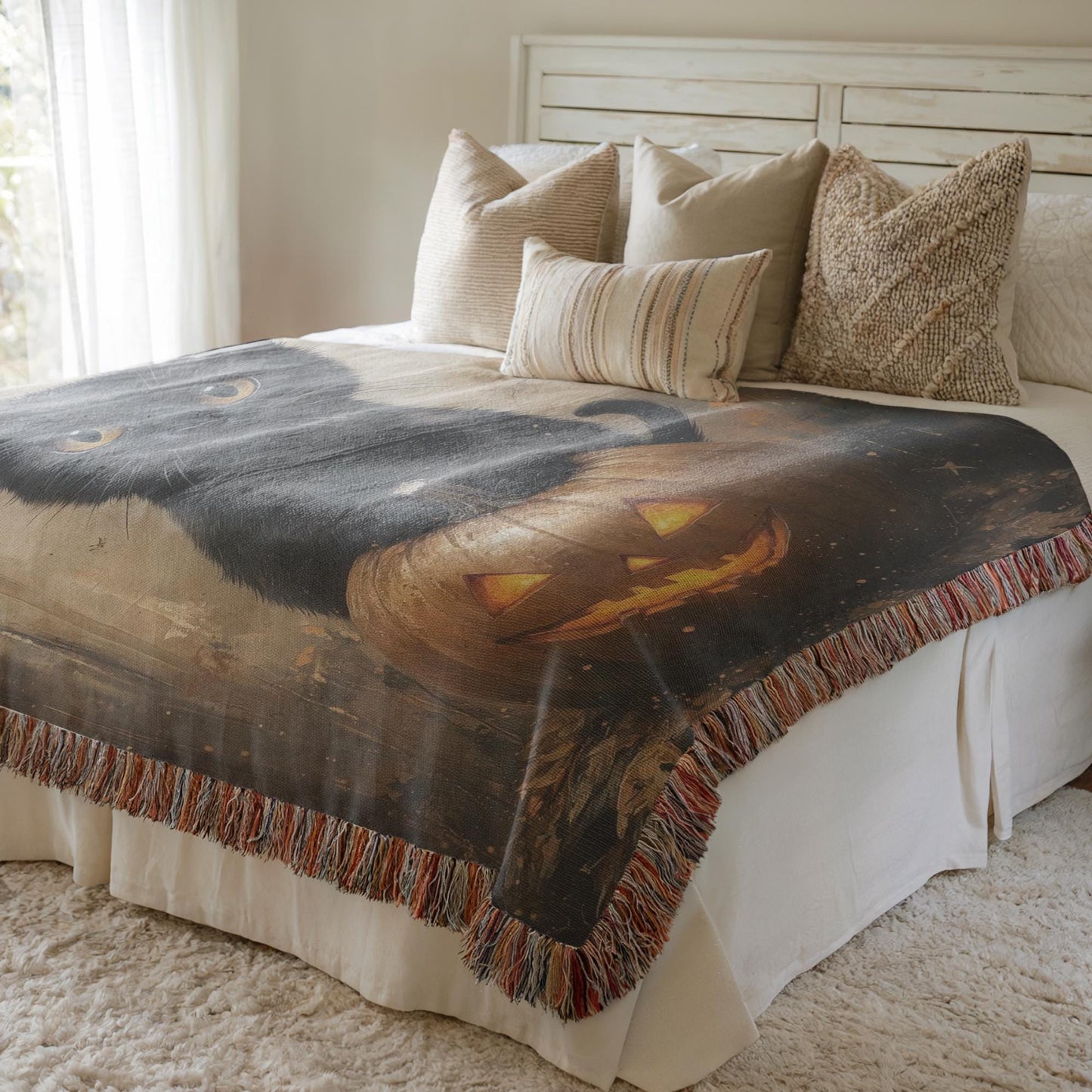 Halloween Cat Blanket – Cozy Woven Throw With Black Cat Pumpkin Design