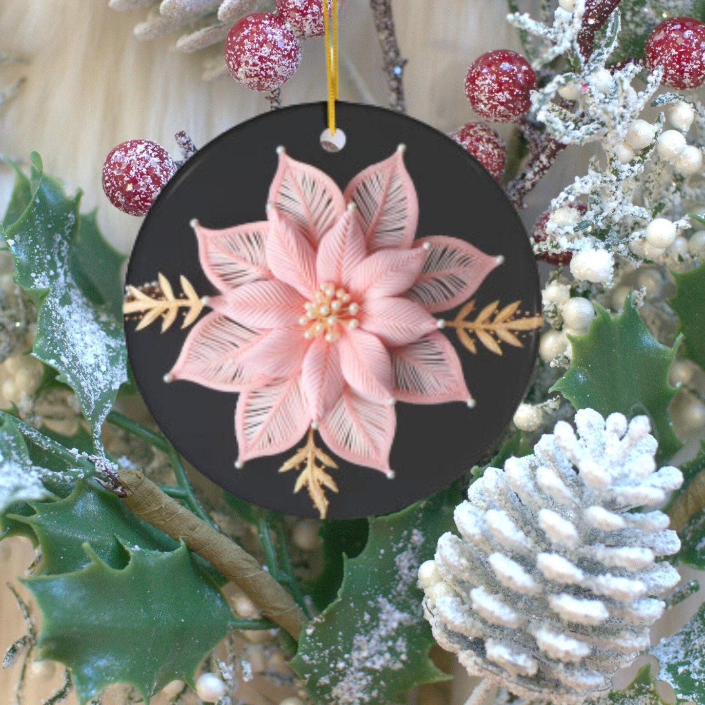 Poinsettia Christmas Ornament – Personalized Pink and Gold Ceramic Decoration