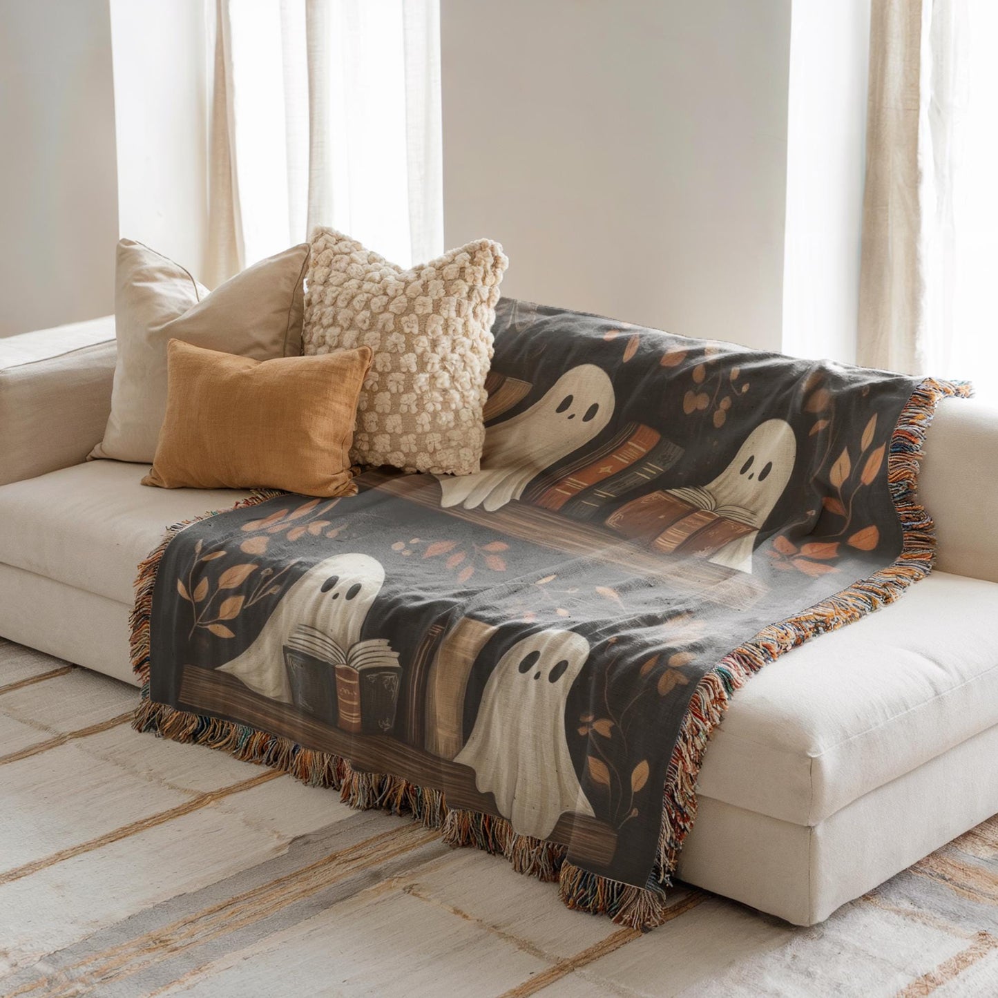 Halloween Blanket | Spooky Sofa Throw With Ghost Bookshelf Decor & Colorful Fringed Edges
