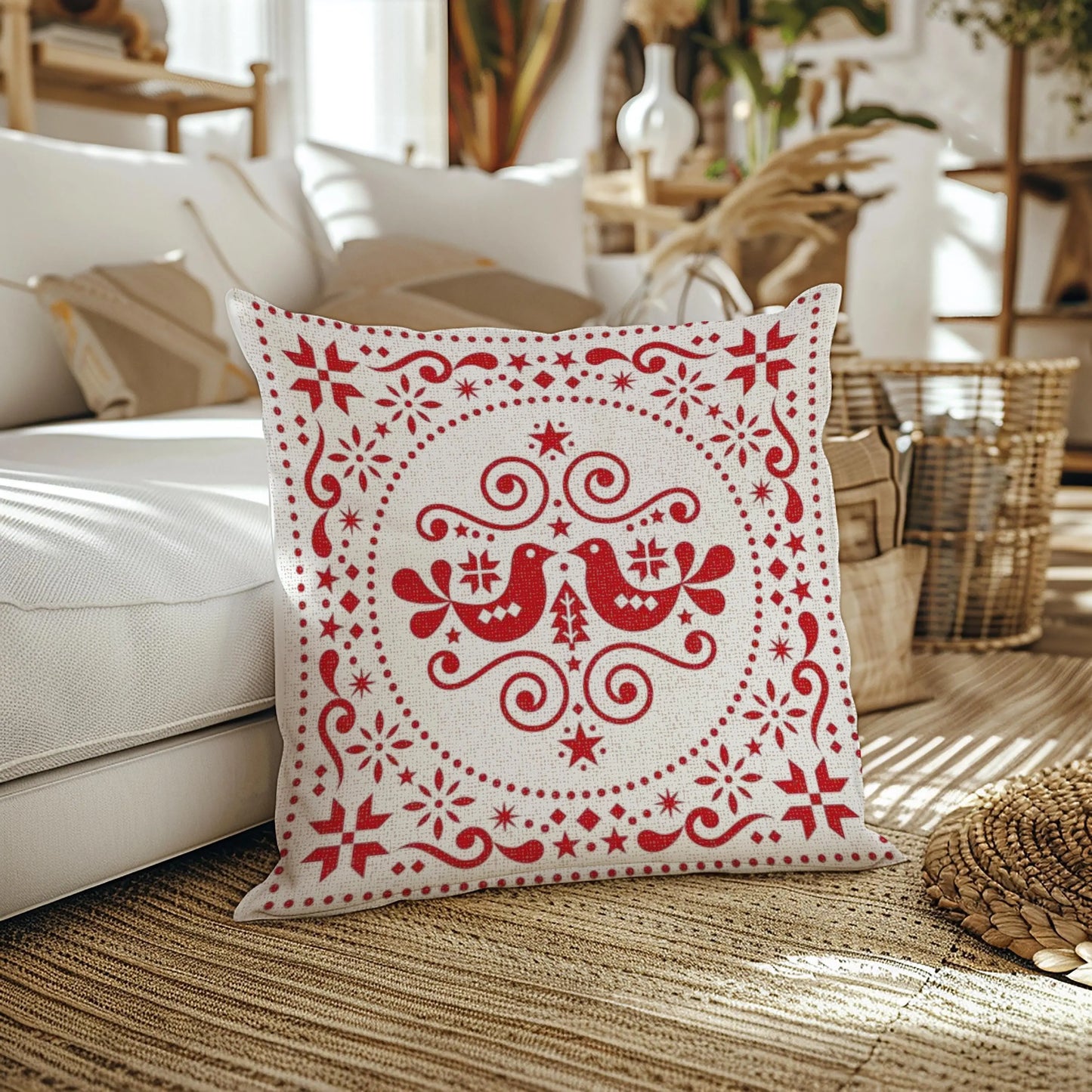 Nordic Woven Cushion - Scandinavian Throw Pillow With Rustic Red Bird Design