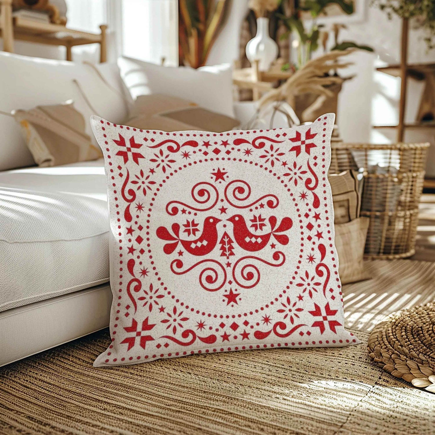 Nordic Woven Cushion - Scandinavian Throw Pillow With Rustic Red Bird Design - timelessbohochic.com