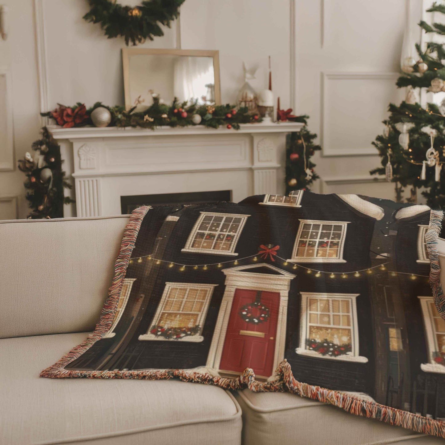 Christmas Throw Blanket – Cozy Woven Cotton Holiday Village Design Blanket - timelessbohochic.com