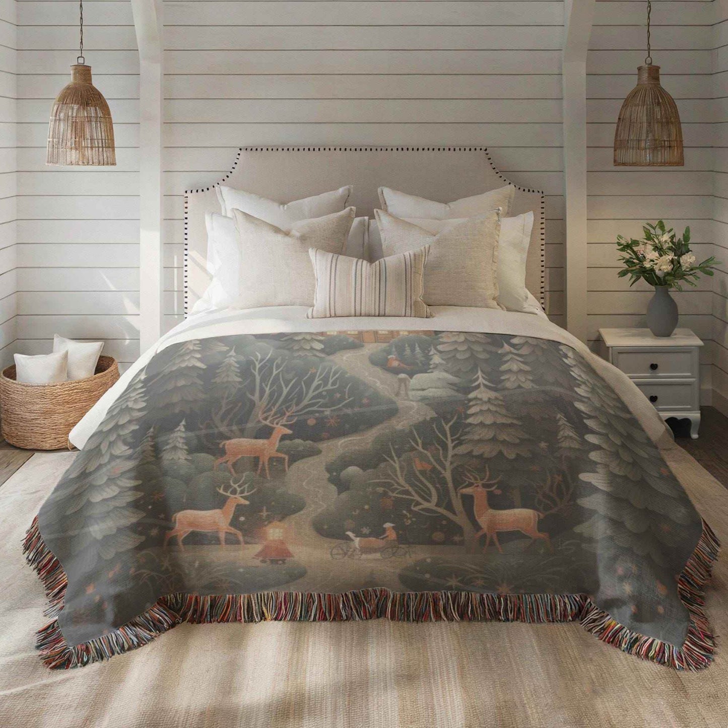 Christmas Bedroom Blanket - Festive Winter Throw with Reindeer & Trees | Soft Cotton Woven - timelessbohochic.com