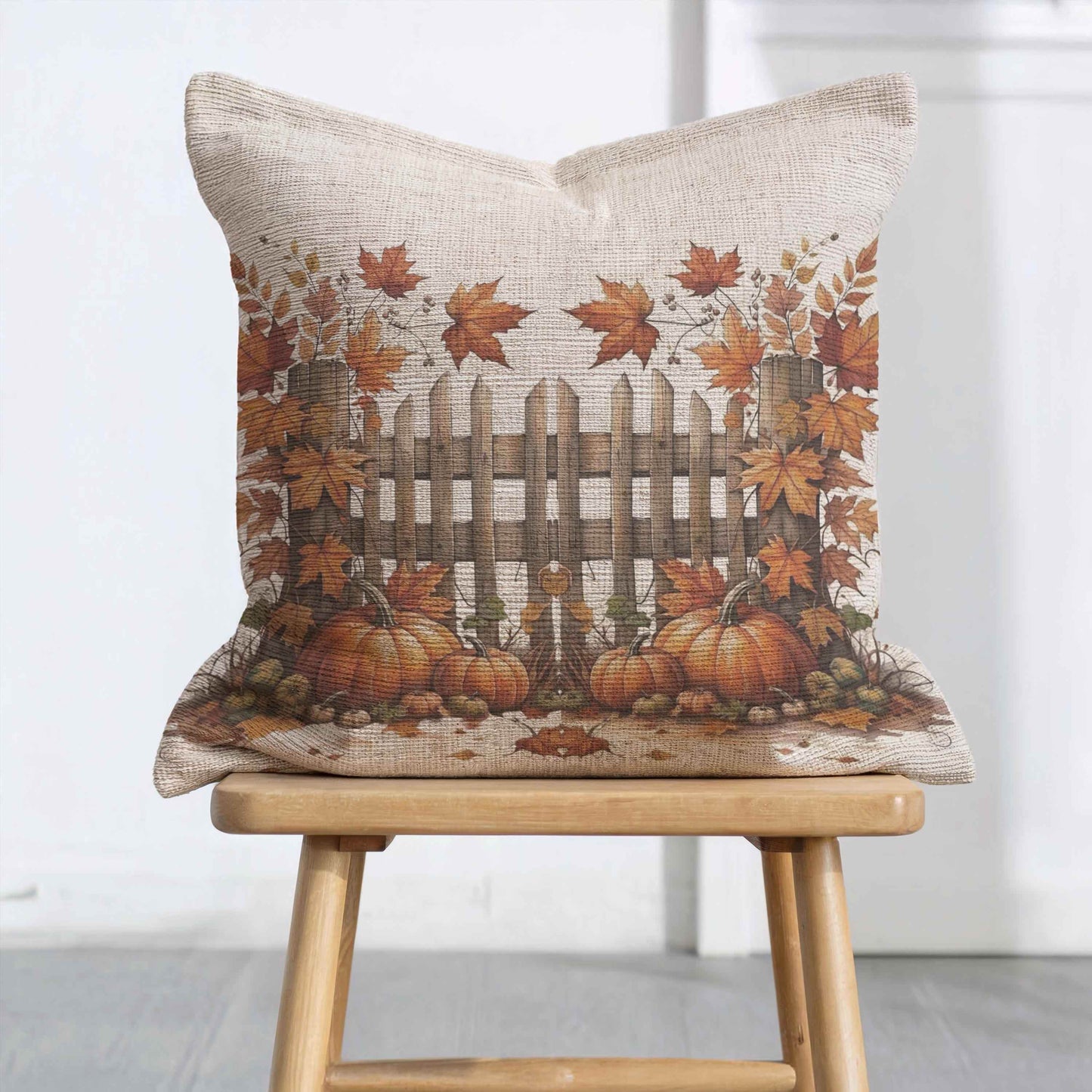 Rustic Autumn Pillow - Woven Cotton Pillow | Pumpkin Leaf Design Cushion - timelessbohochic.com