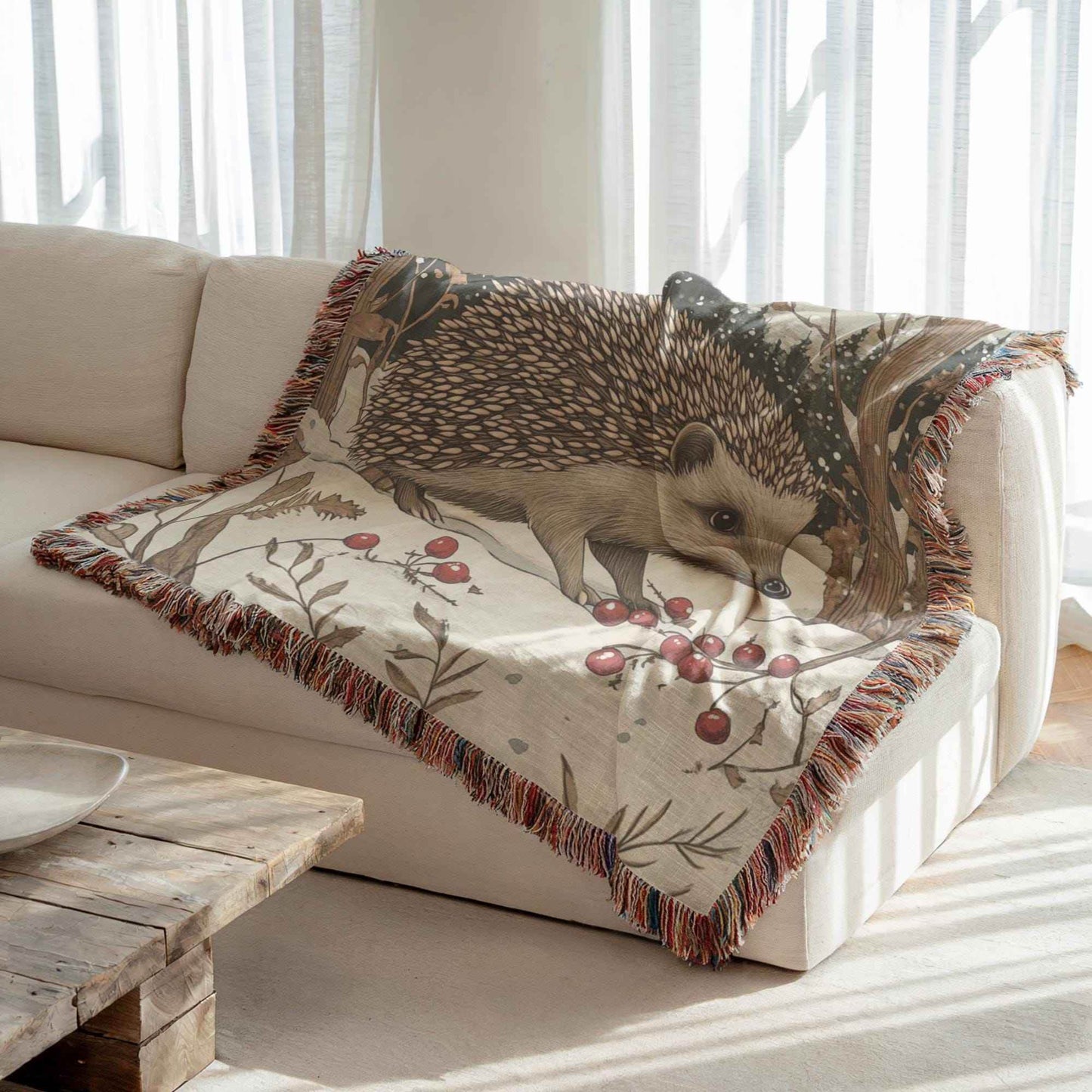 Woodland Creature Blanket - Cozy Cotton Woven Throw With Hedgehog Design - timelessbohochic.com