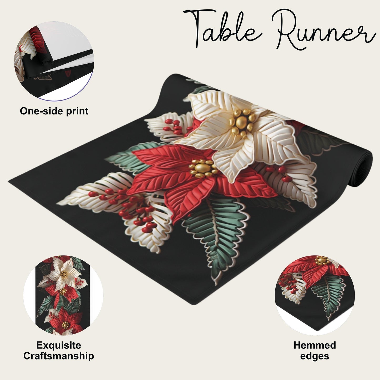 Poinsettia Table Runner - Red Green Runner | Elegant Holiday Table Decor