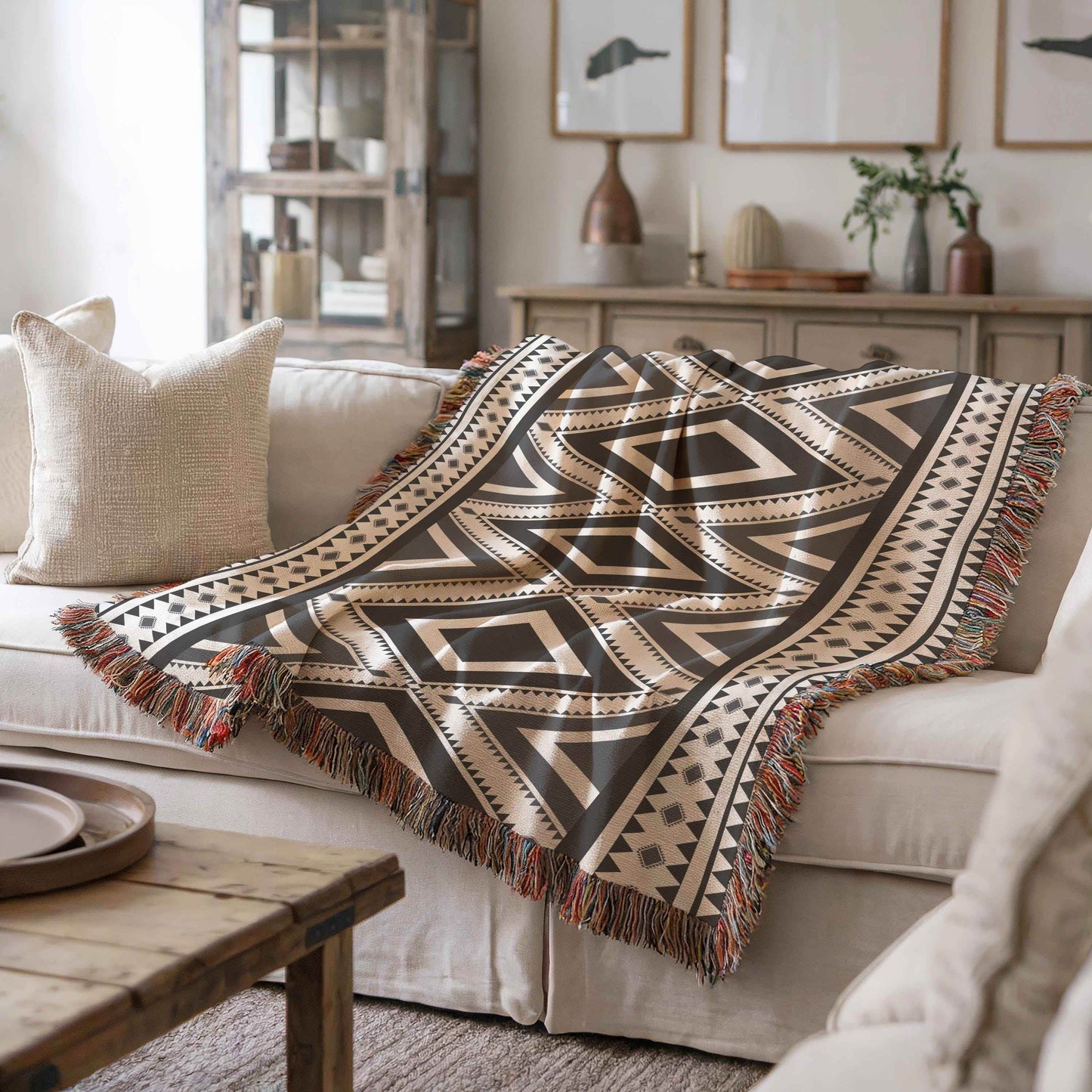 Navajo Cotton Throw Blanket - Geometric Design with Fringed Edge for Rustic Boho Decor - timelessbohochic.com