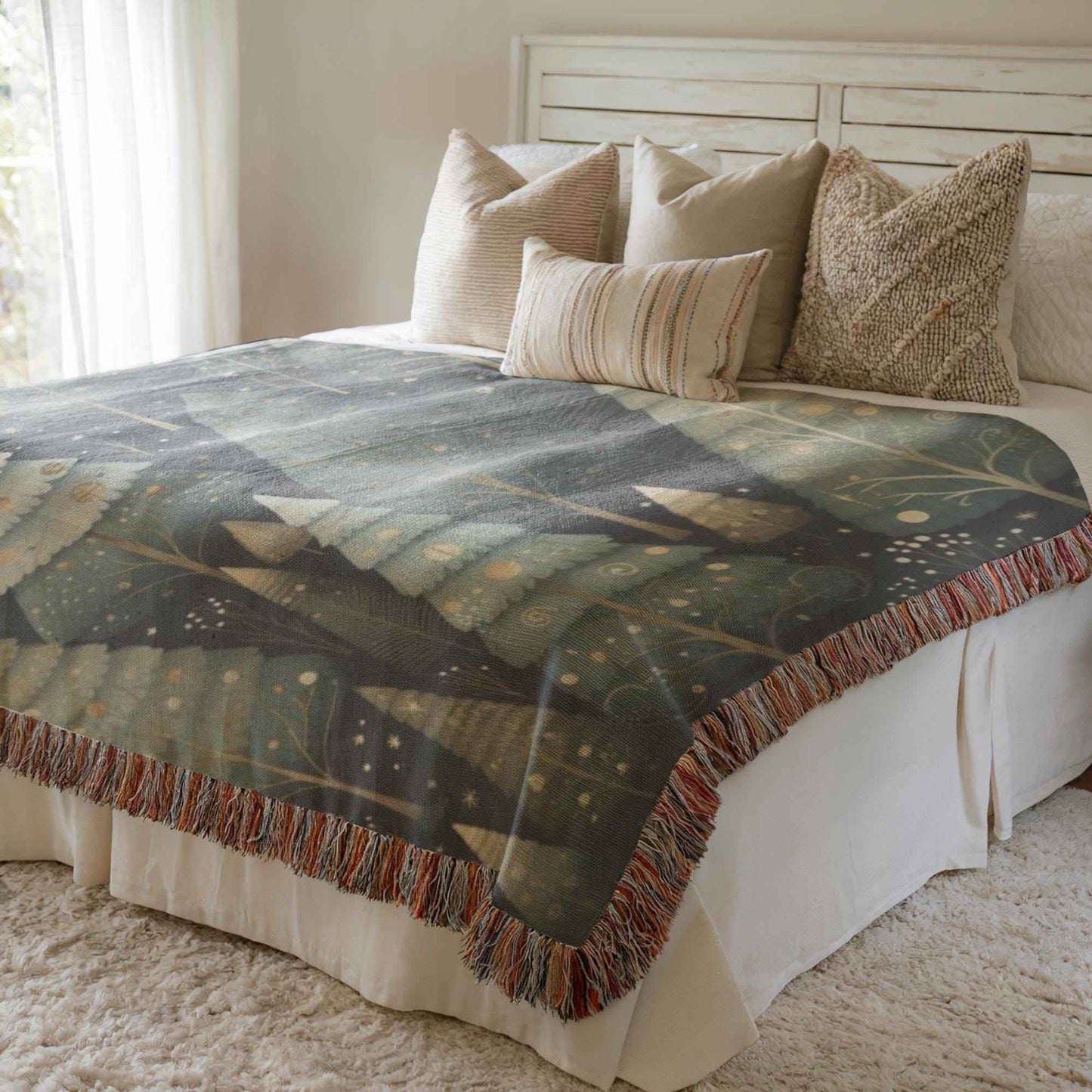 Festive Forest Blanket – Woven Cotton Throw with Xmas Tree Design, Cozy Winter Cover - timelessbohochic.com