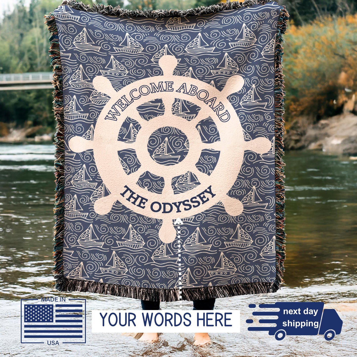 Nautical Woven Blanket – Custom Boat Name Cotton Throw | Coastal Home Decor