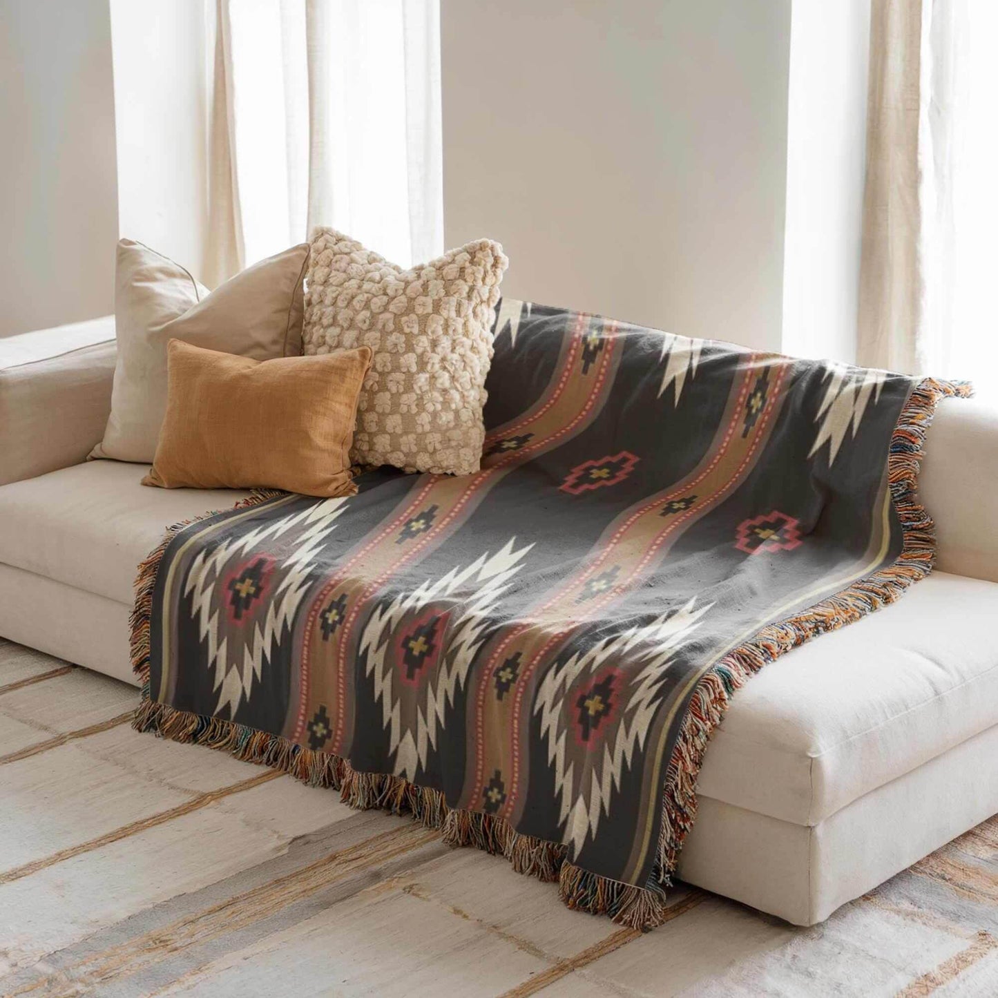 Native American Blanket – Southwestern Throw With Ikat Pattern & Fringed Edge - timelessbohochic.com