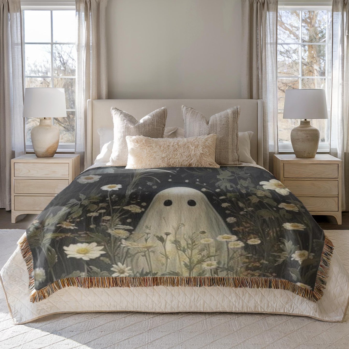 Ghost Meadow Blanket – Floral Wildflower Throw With Soft Fringed Edges