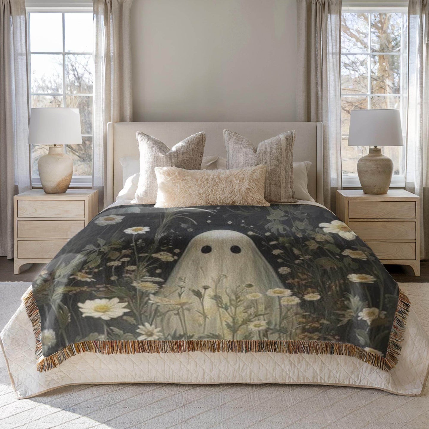Ghost Meadow Blanket – Floral Wildflower Throw With Soft Fringed Edges - timelessbohochic.com