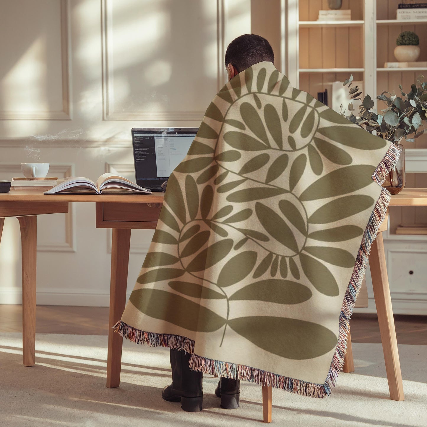 Woven Throw Blanket - Mid Century Throw With Scandi Leaves Pattern & Fringed Edge