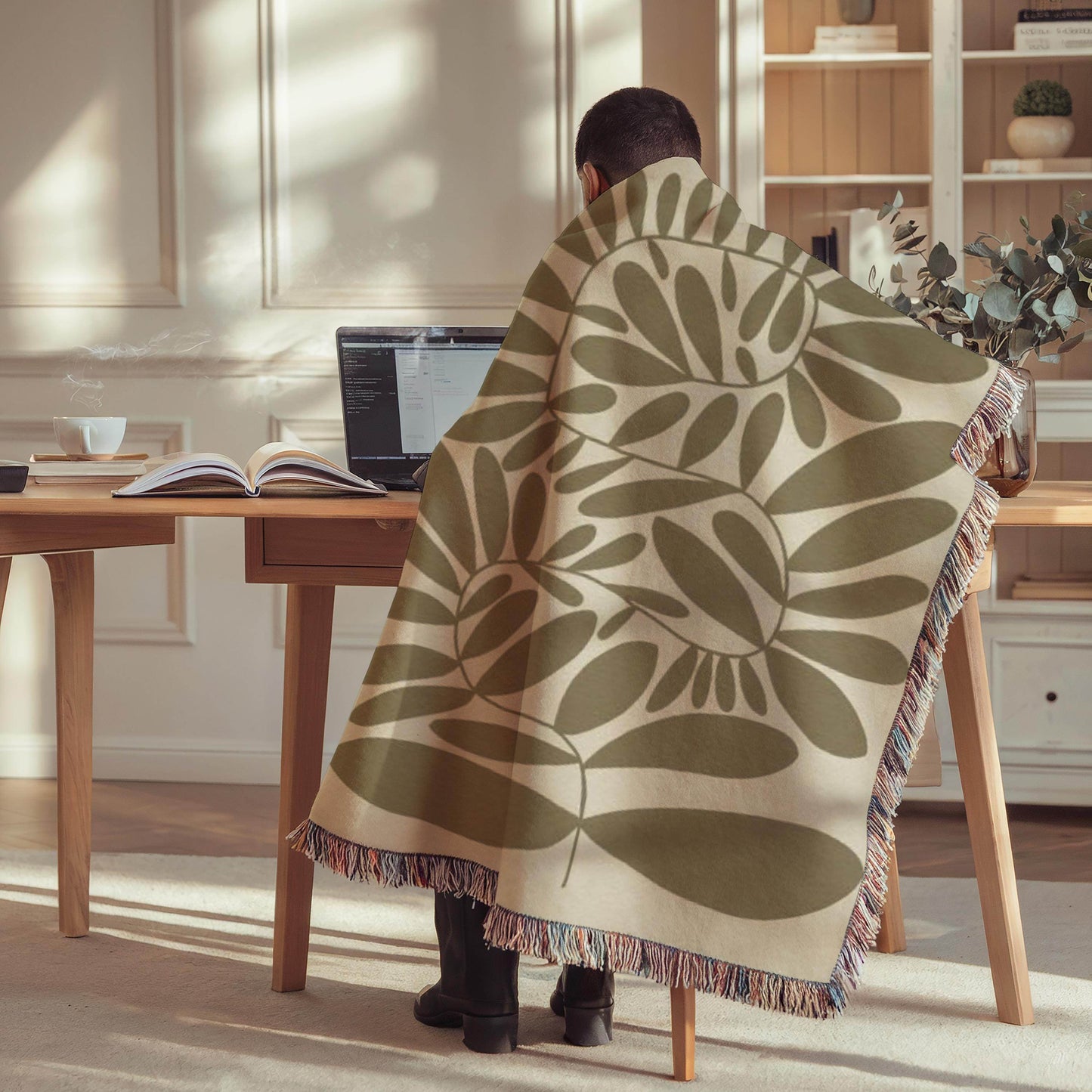 Woven Throw Blanket - Mid Century Throw With Scandi Leaves Pattern & Fringed Edge - timelessbohochic.com