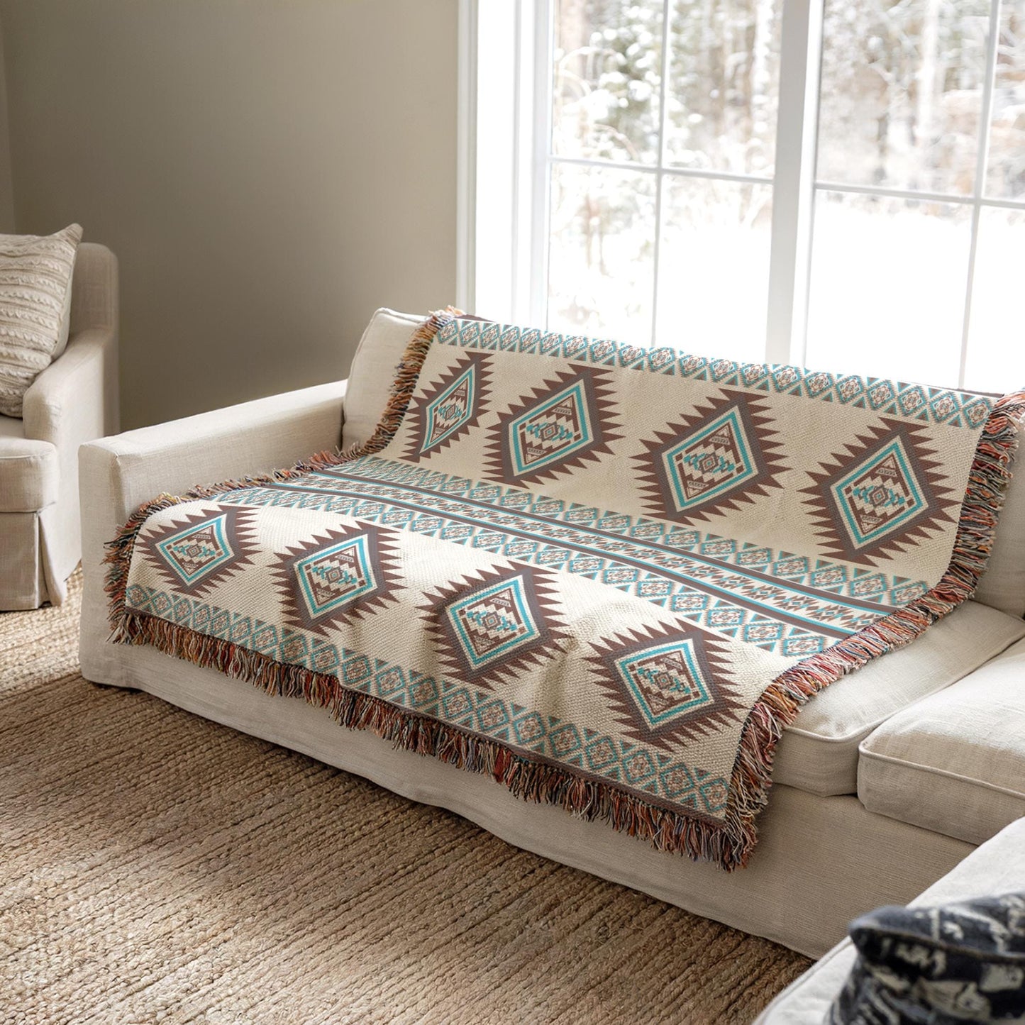 a cozy living room with a white sofa and a patterned throw blanket on it. The blanket has a diamond pattern in shades of blue, green, and brown. The sofa is positioned near a window, allowing natural light to illuminate the room.