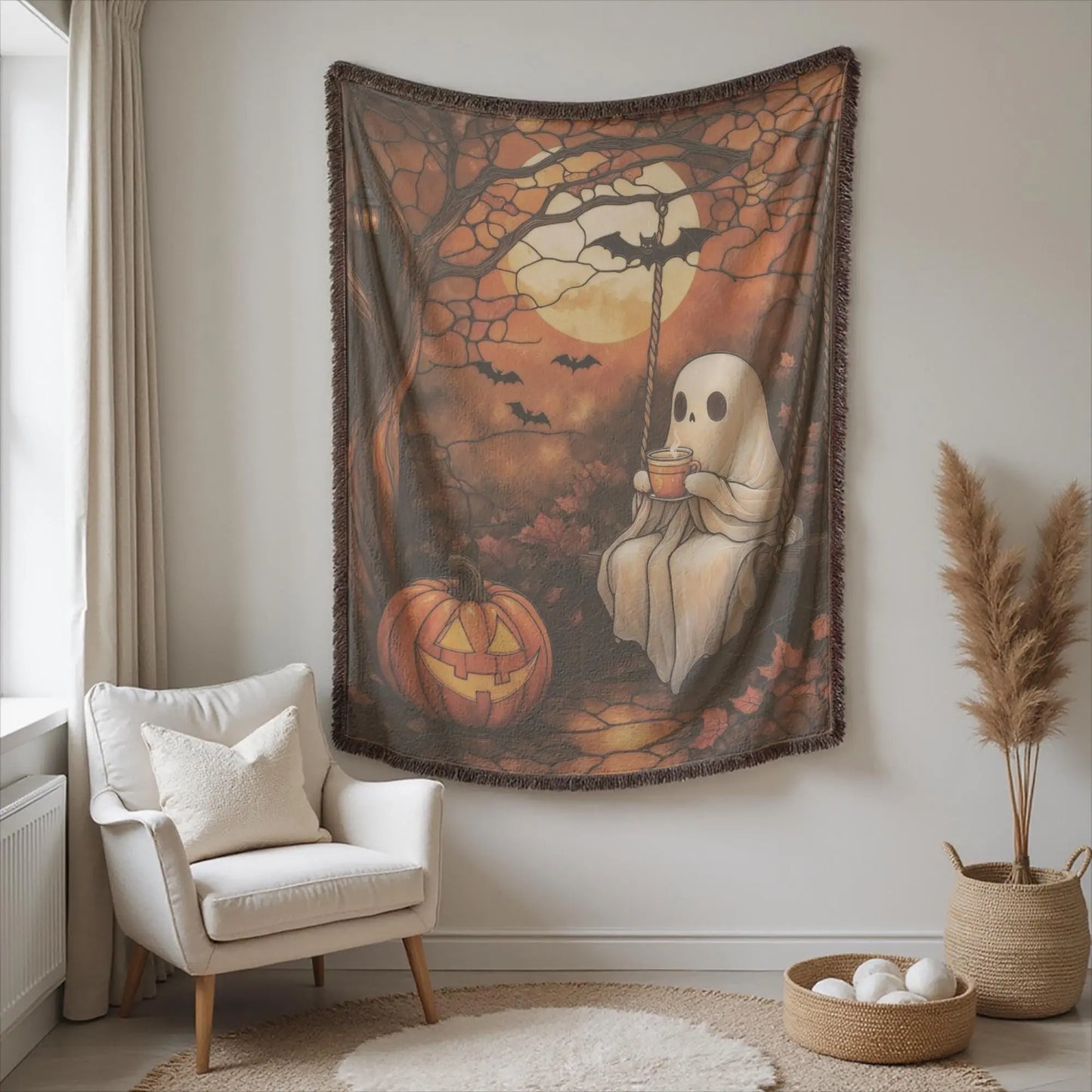 Halloween Ghost Tapestry - Woven Cotton Pumpkin Wall Hanging | Cozy Autumn Decor