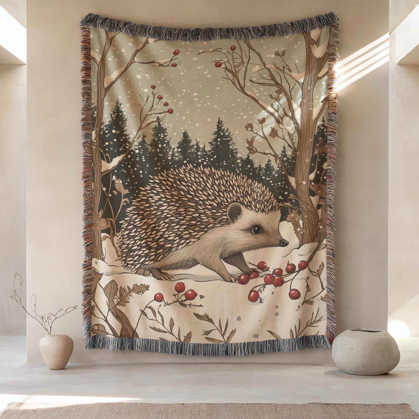 Hedgehog Wall Decor - Cozy Cotton Blanket With Woodland Creature Tapestry - timelessbohochic.com