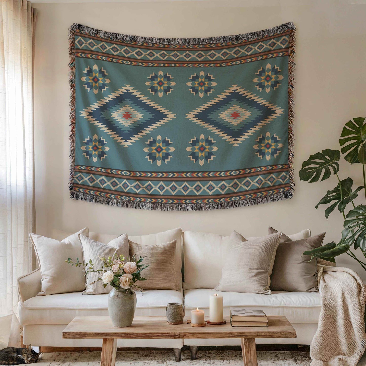 Navajo Wall Tapestry - Rustic Cotton Boho Patio Blanket with Colorful Fringed Edges - timelessbohochic.com