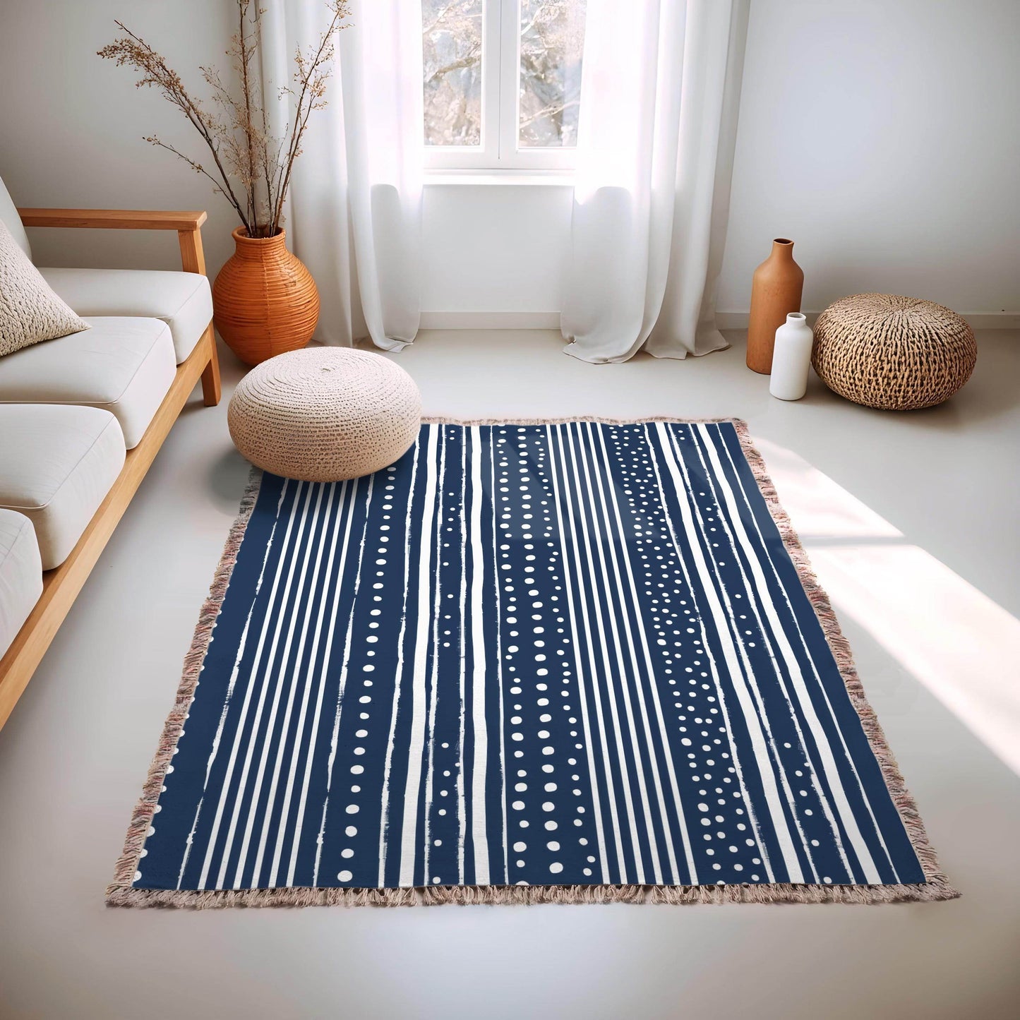 Cotton Throw Blanket – Woven Couch Throw With Blue & White Dots Pattern - timelessbohochic.com