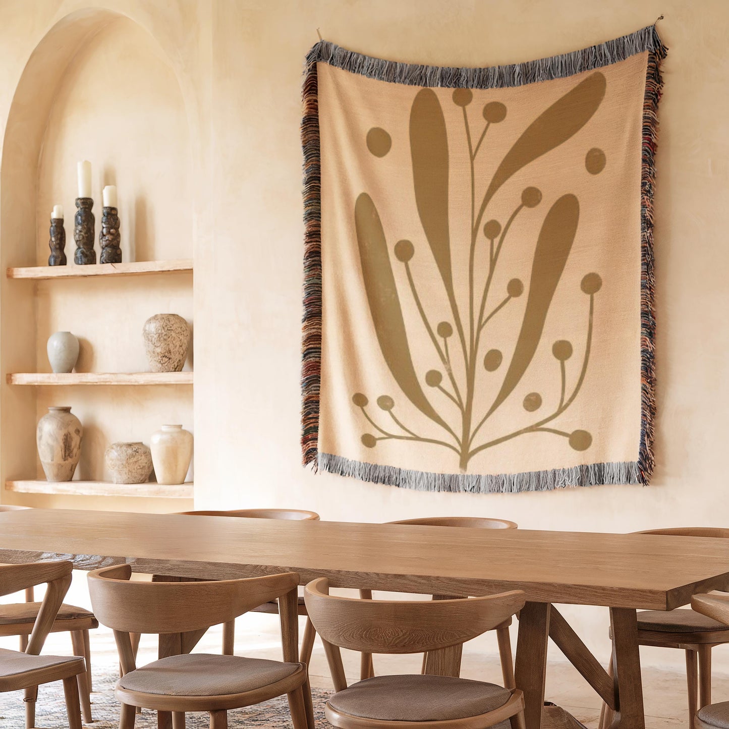 Mid Century Modern Throw - Woven Cotton Blanket with Botanical Pattern | Cozy Scandi Design