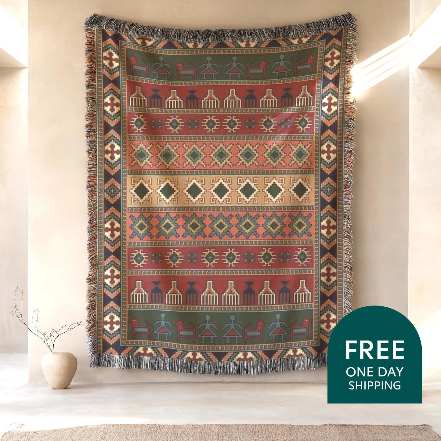 Kilim Anatolian Wall Hanging - Turkish Bohemian Tapestry | Soft Cotton Throw