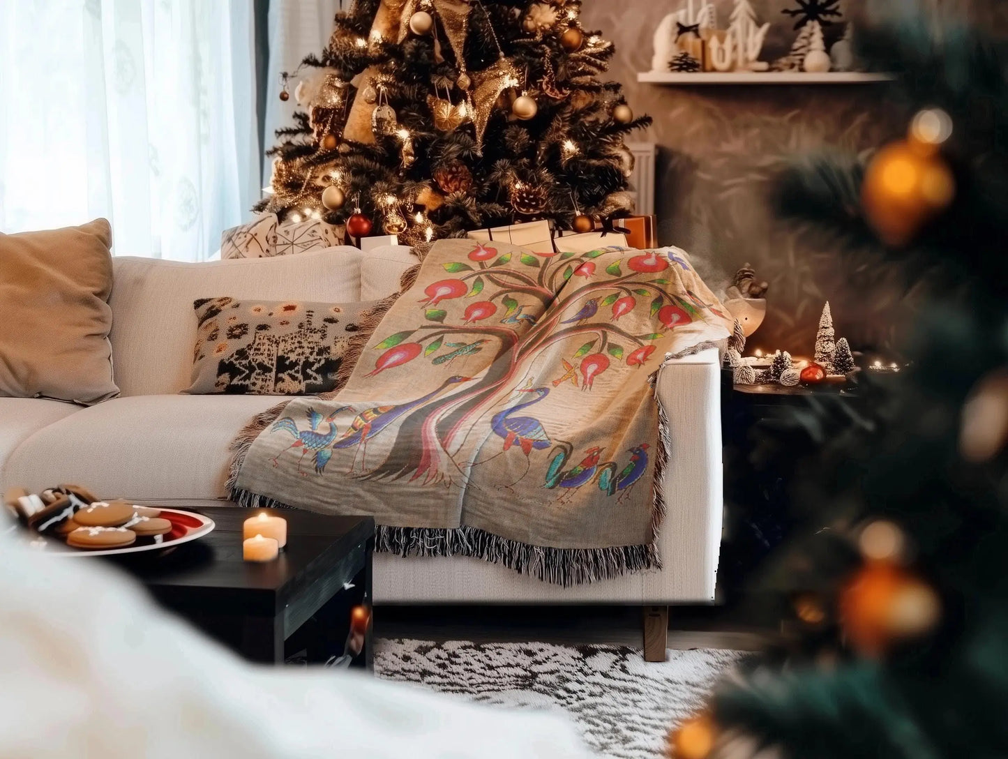 Armenian Tree of Life Blanket - Soft Cotton Woven Throw With Fringe Edge