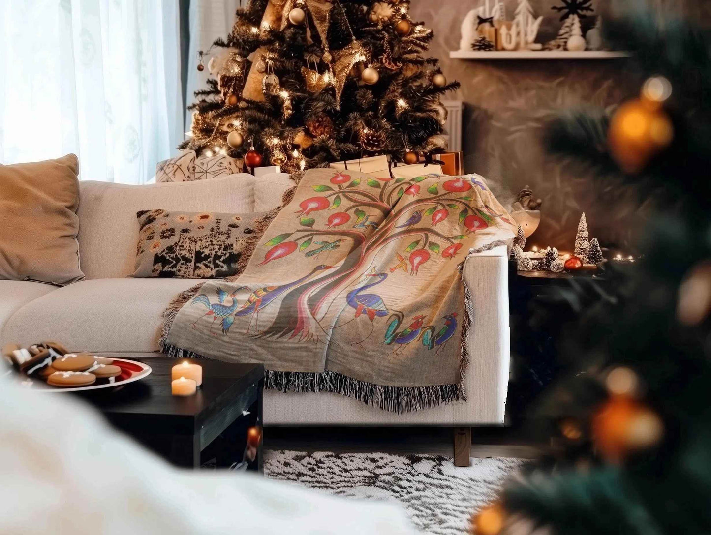 Armenian Tree of Life Blanket - Soft Cotton Woven Throw With Fringe Edge - timelessbohochic.com
