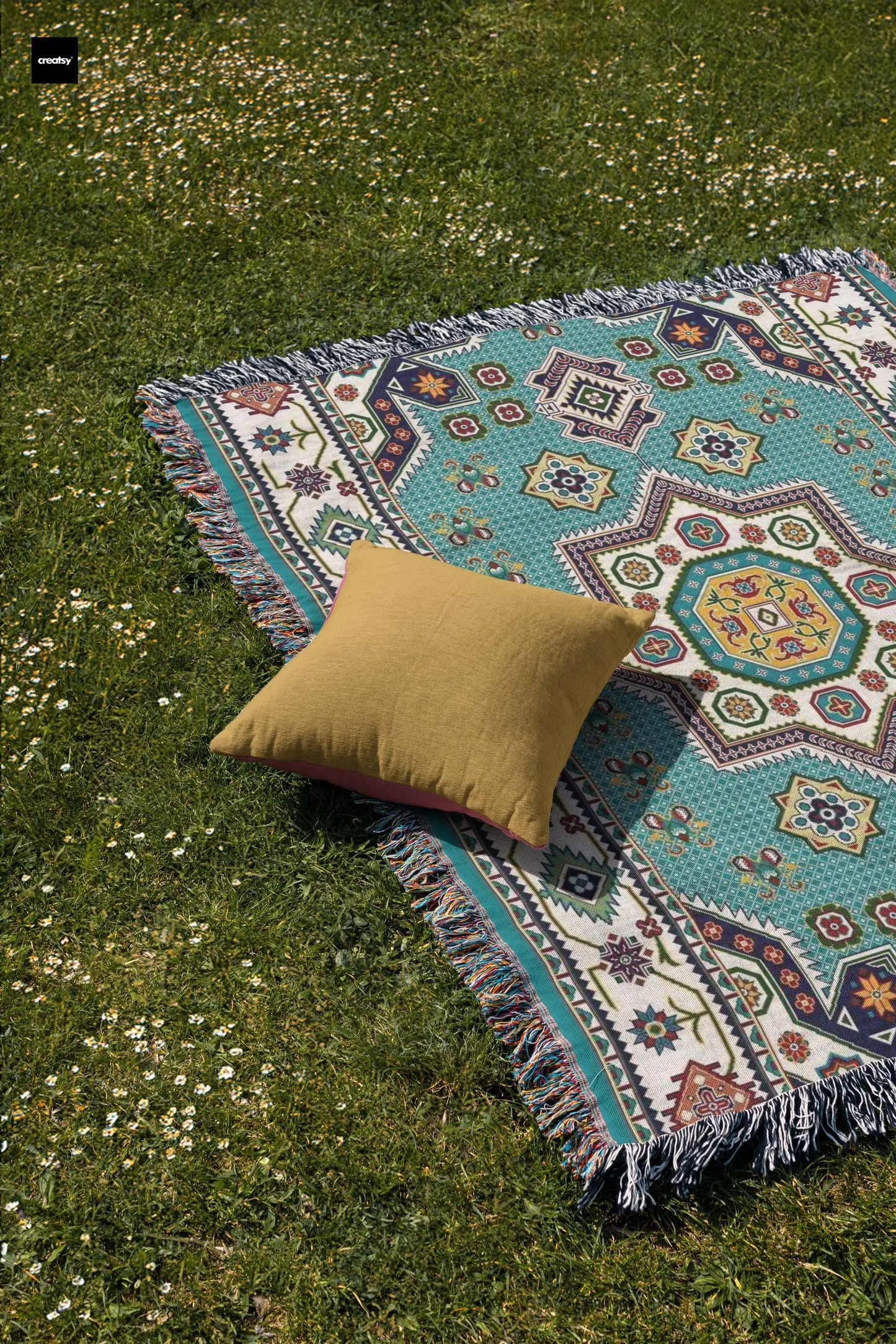 Cotton Throw Blanket - Persian Rug Throw with Pink Green Blanket, Boho Woven Bedspread
