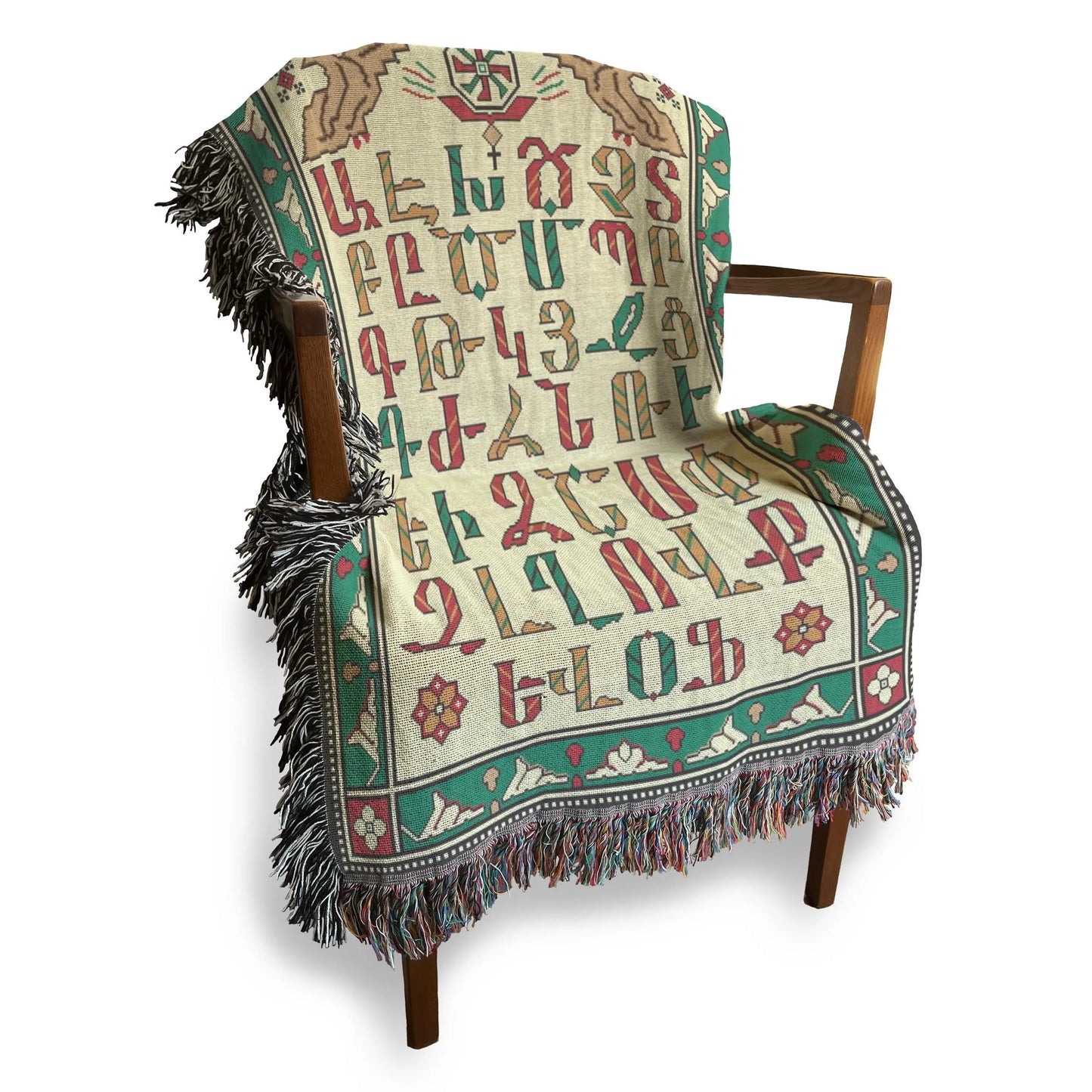 Green Woven Throw - Armenian Alphabet Blanket | Cozy Cotton Bedspread Quilt