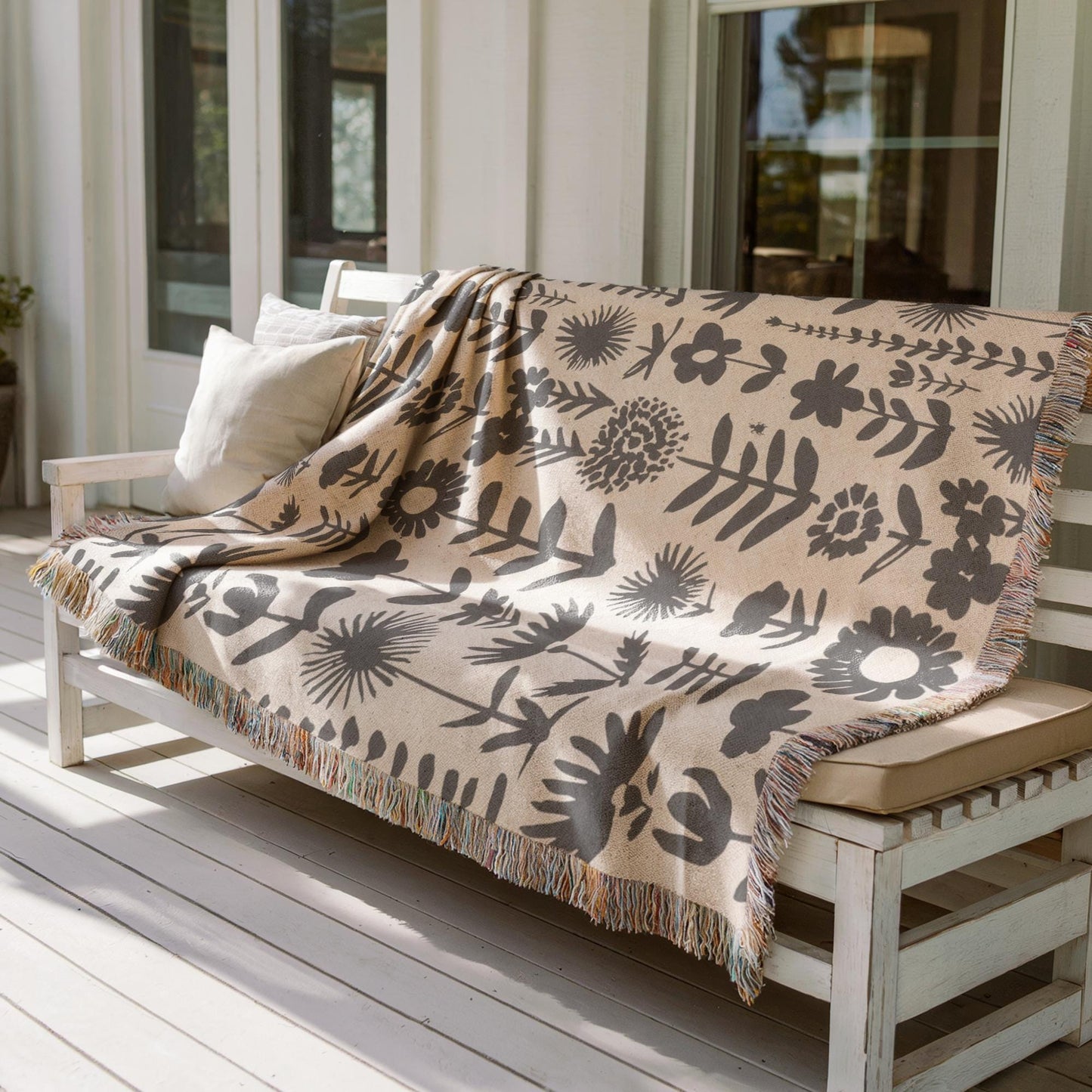 Wildflowers Meadow Throw - Cozy Cotton Blanket With Botanical Print & Colorful Fringed Edges