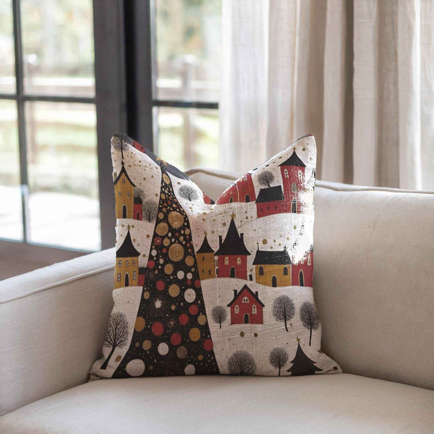 Christmas Landscape Pillow – Cozy Holiday Throw Pillow With Xmas Trees Under Moonlight - timelessbohochic.com