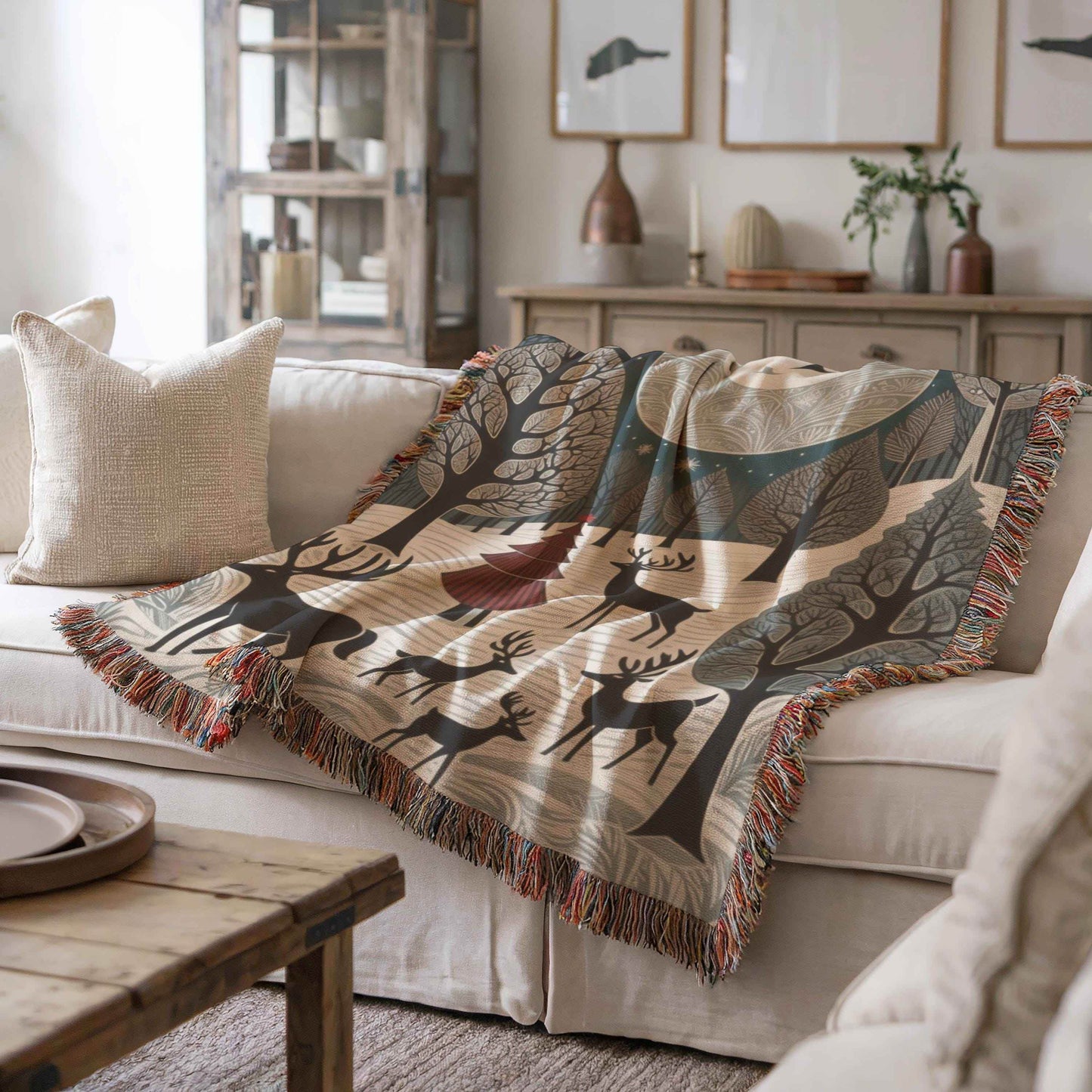 Holiday Couch Cover - Cozy Cotton Throw with Reindeer Blanket | Winter Forest Decor - timelessbohochic.com