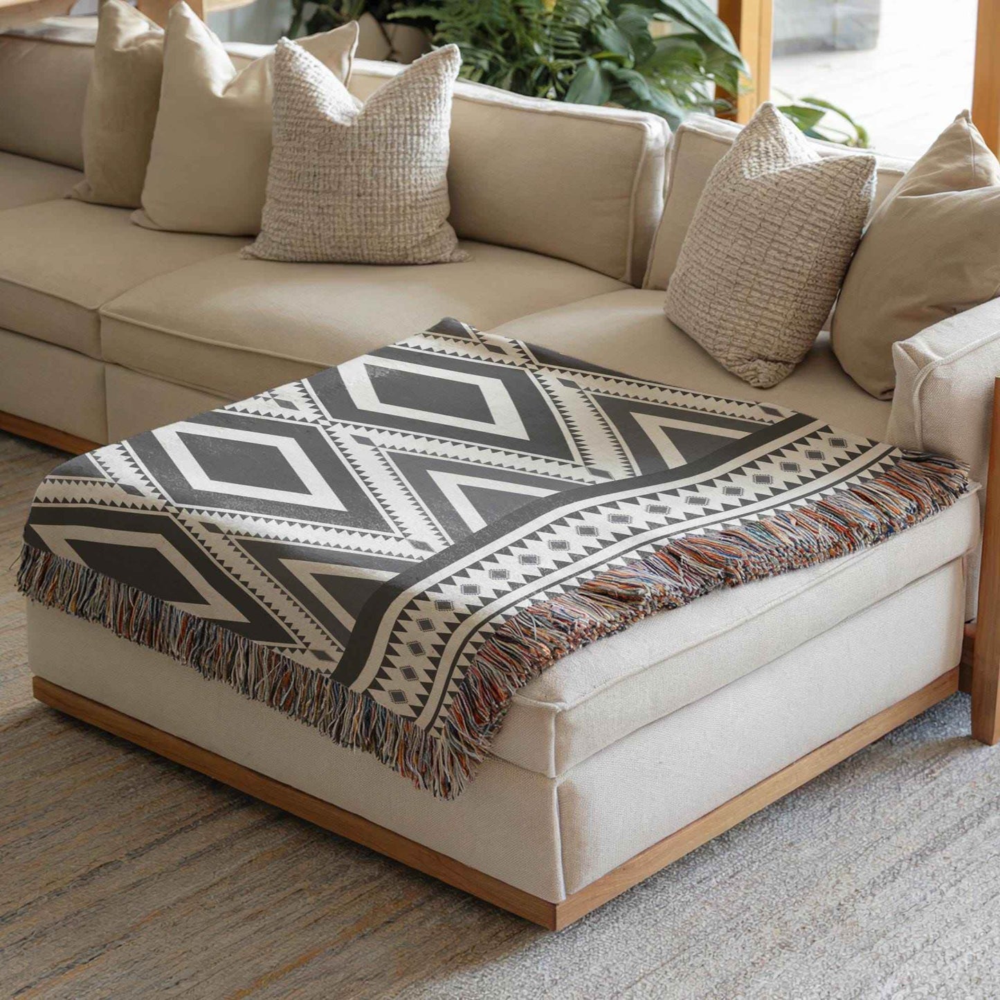 Navajo Cotton Throw Blanket - Geometric Design with Fringed Edge for Rustic Boho Decor - timelessbohochic.com