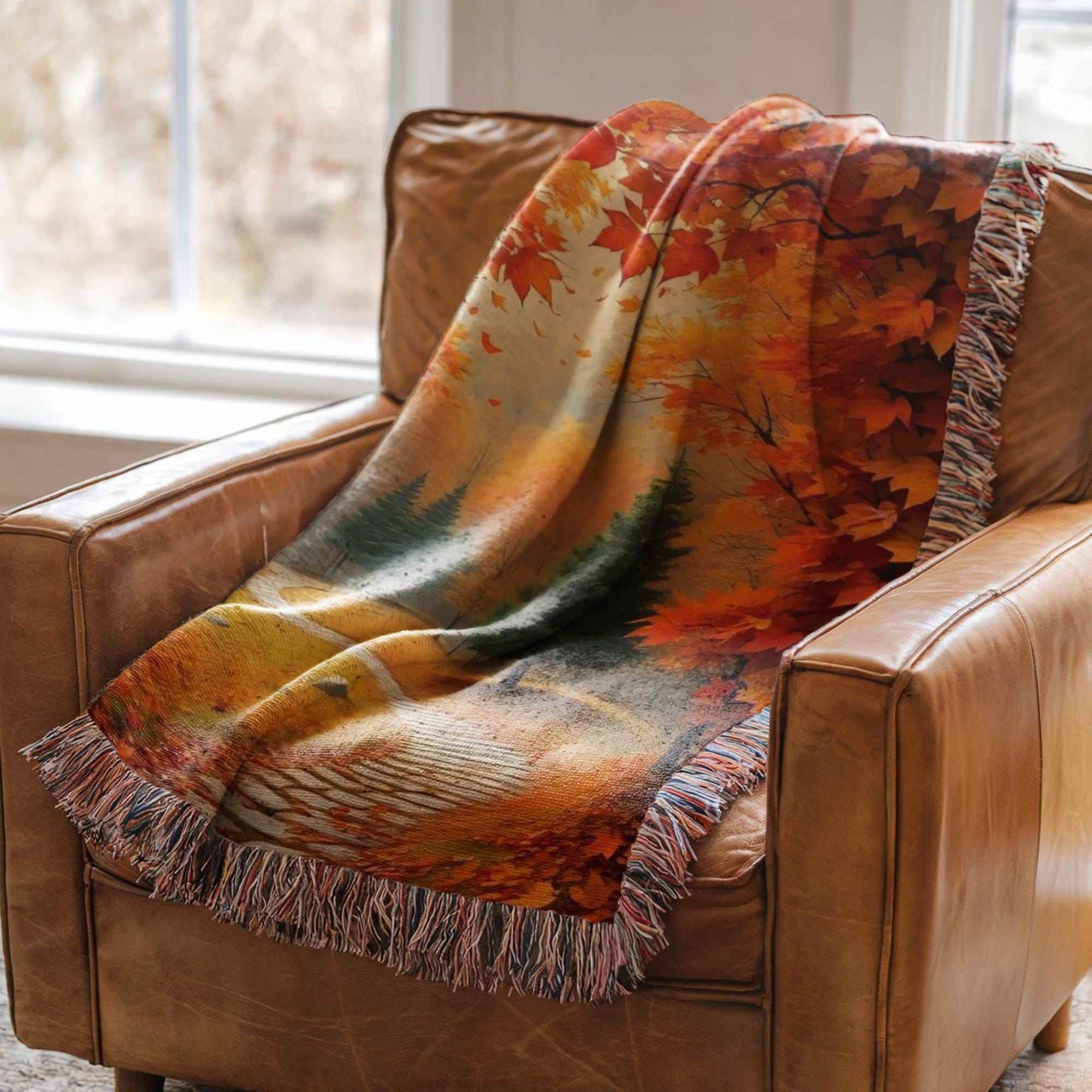 Cotton Throw Blanket – Cozy Fall Blanket with Autumn Leaves Pattern & Fringed Edges - timelessbohochic.com