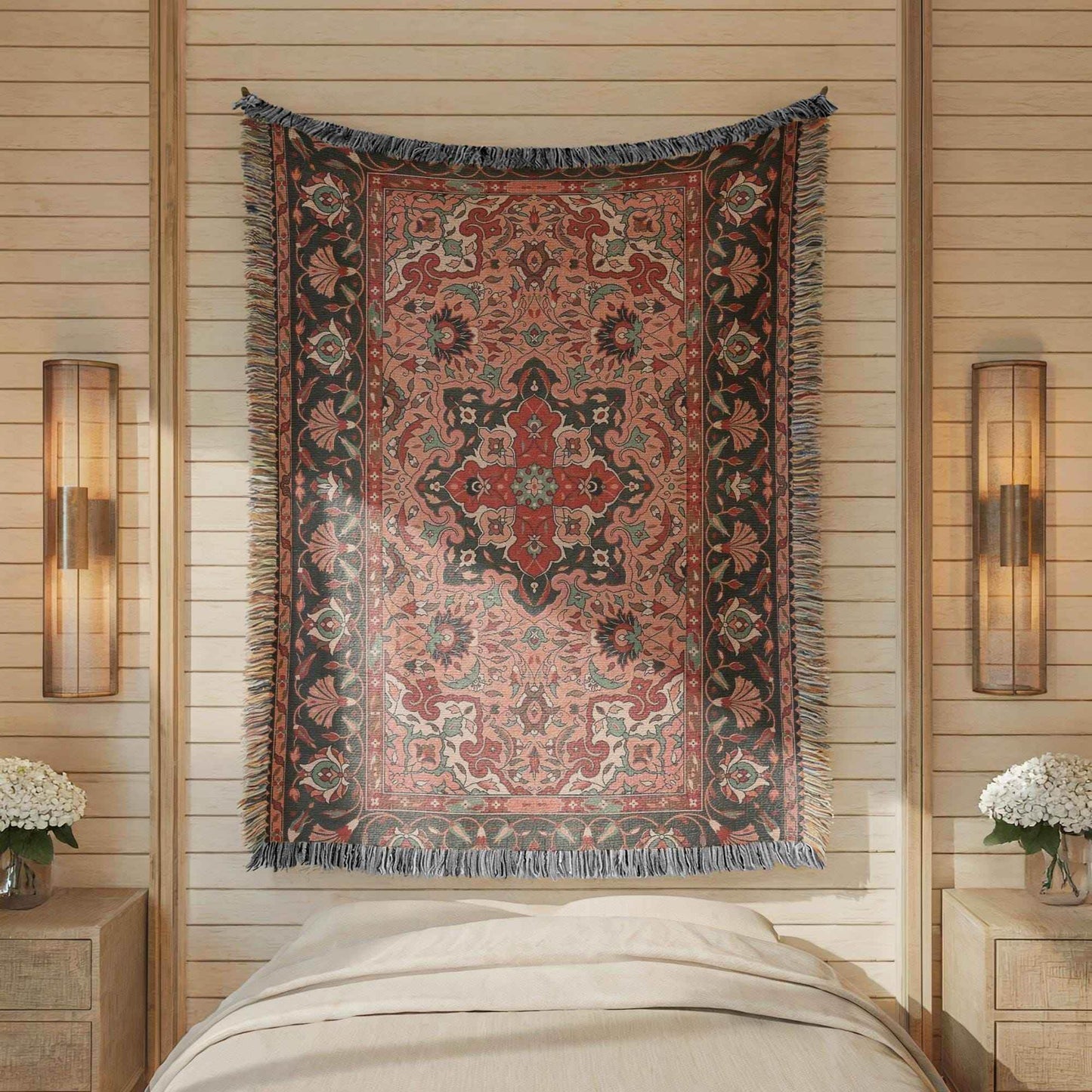 Cotton Wall Hanging – Turkish Rug Tapestry with Anatolian Carpet Design | Boho Home Decor - timelessbohochic.com
